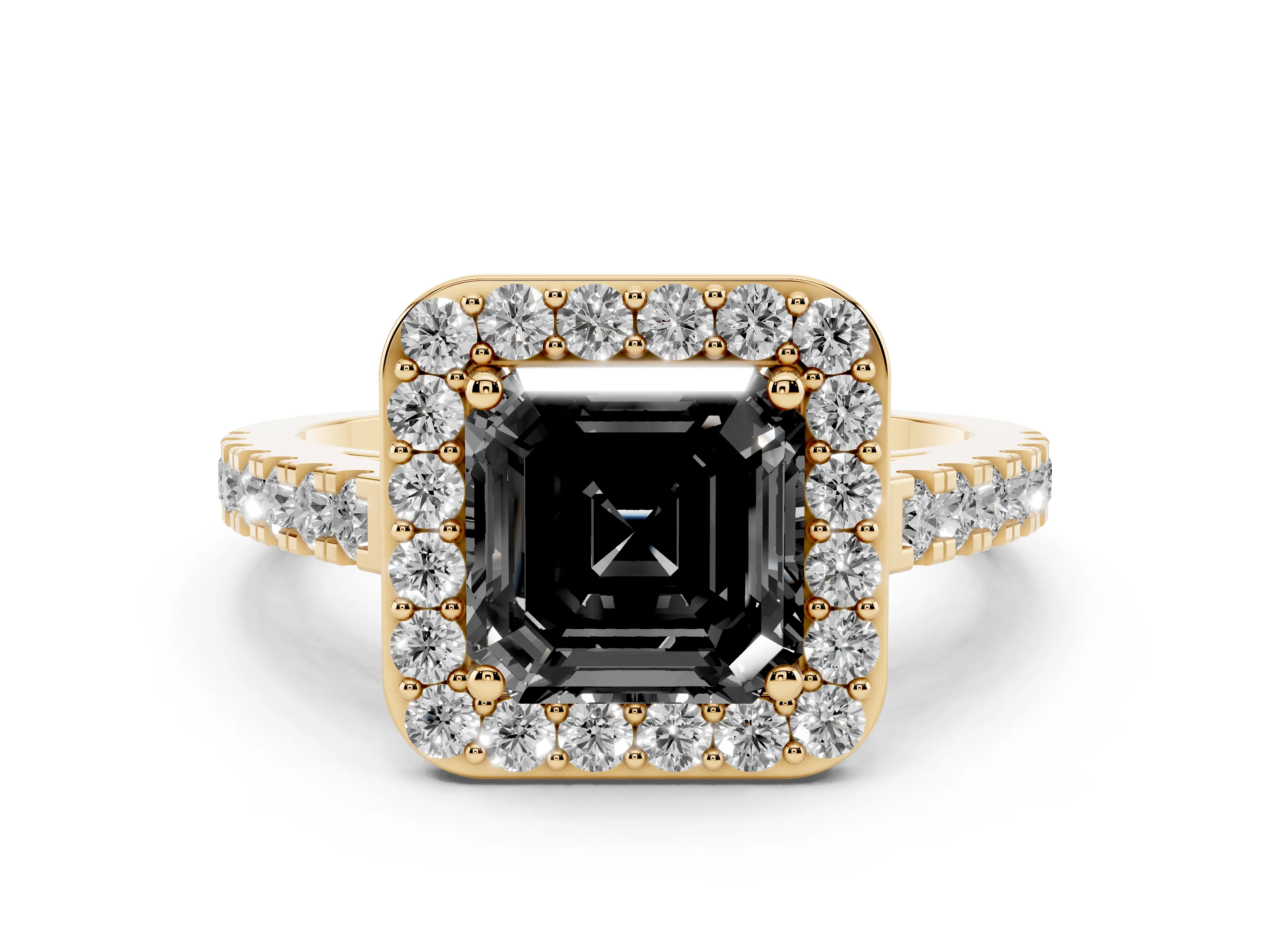 Fancy Black Asscher Cut Diamond Halo Ring Set in Yellow gold with Round Pavé Split Shank and Prong Setting