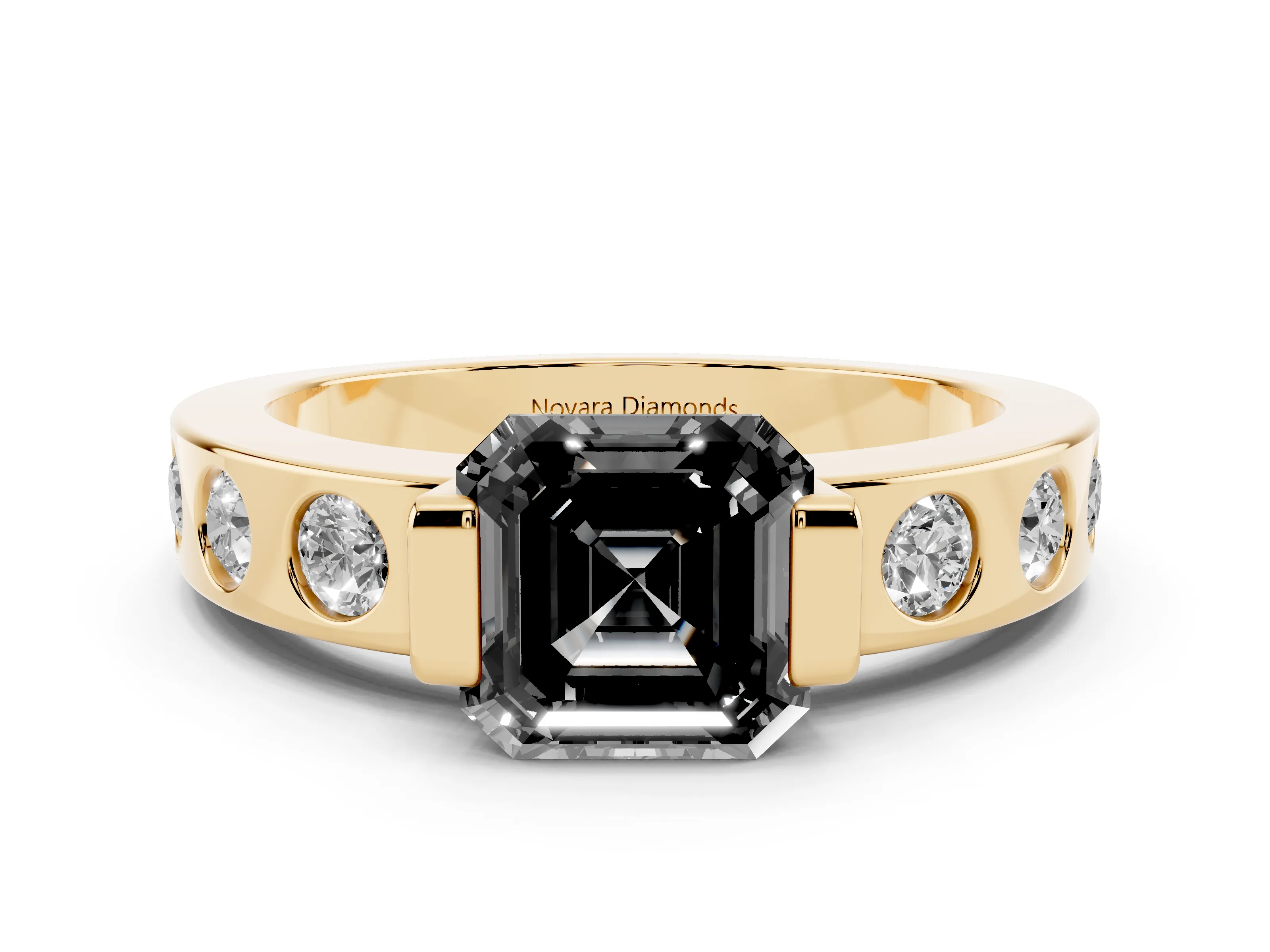 Fancy Black Asscher Cut Diamond Channel-Set Band Ring Set in Yellow gold with Bezel Prong Setting