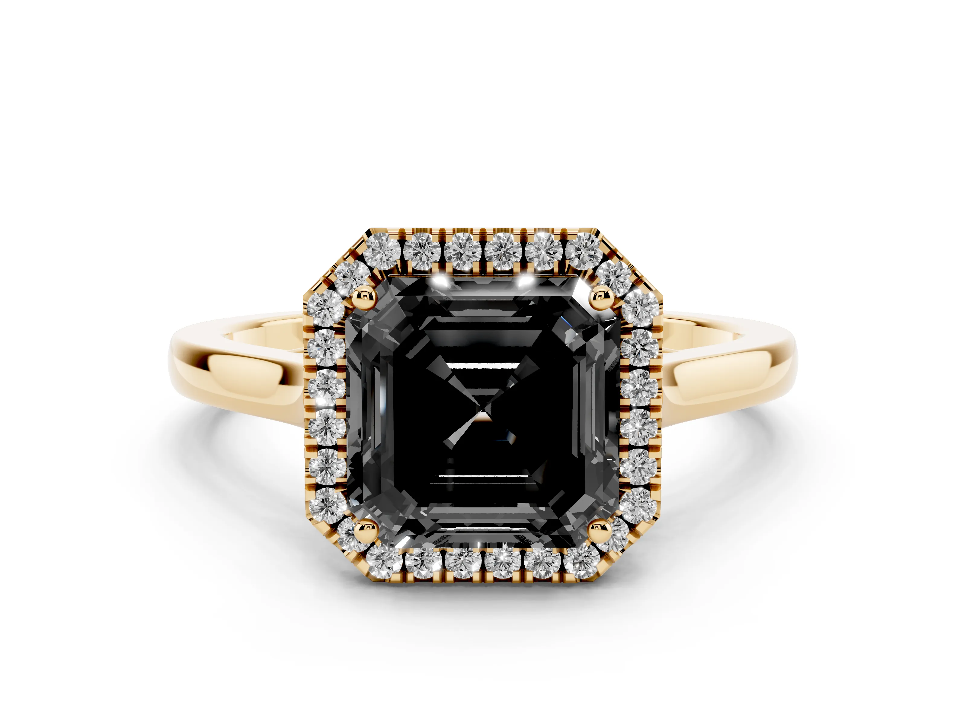 Fancy Black Asscher Cut Halo Round Diamond Solitaire Ring Set in Yellow gold with Pavé Band and Prong Setting