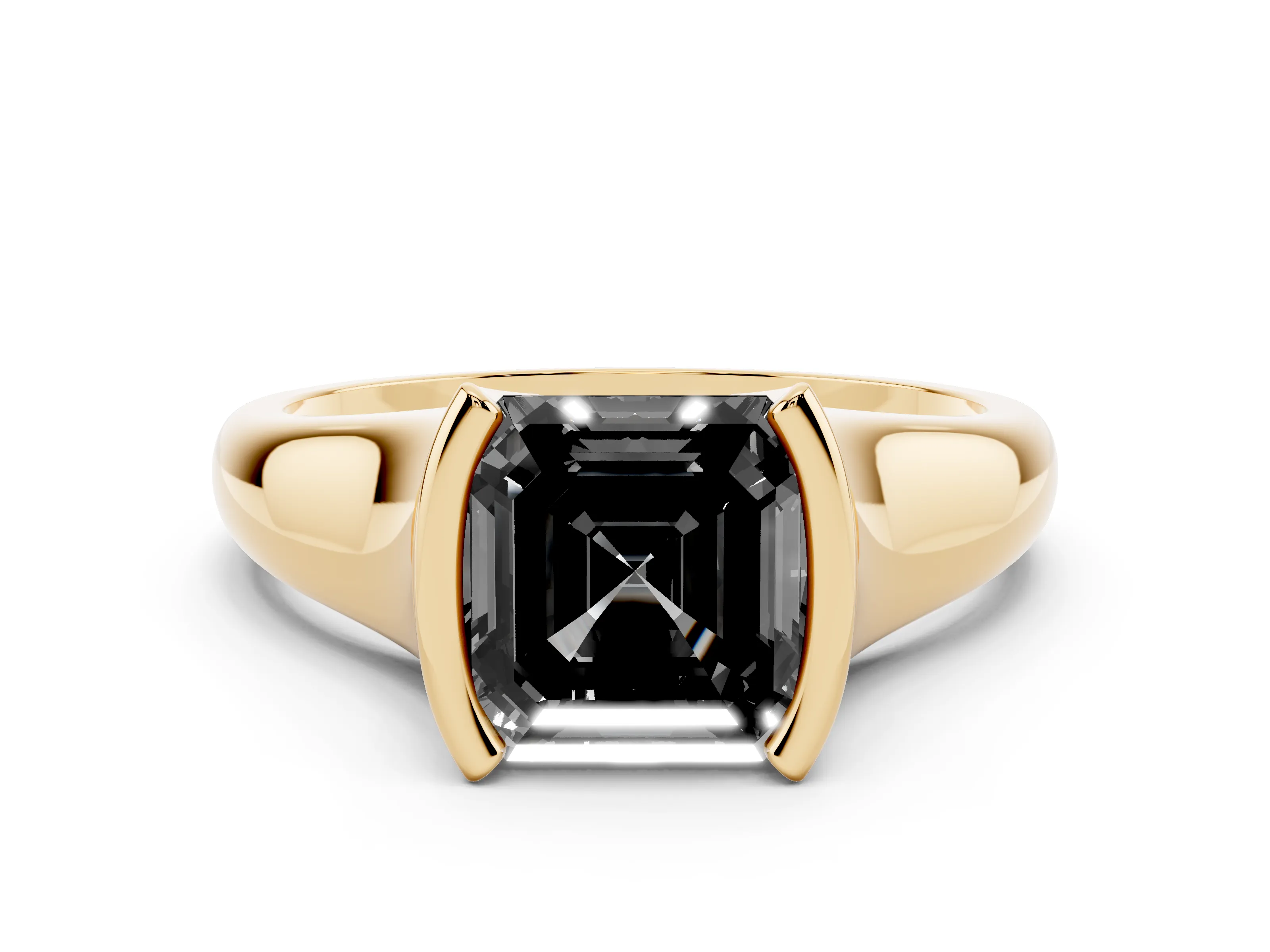 Fancy Black Asscher Cut Diamond Solitaire Tension Set Ring Set in Yellow gold with Split Shank Band