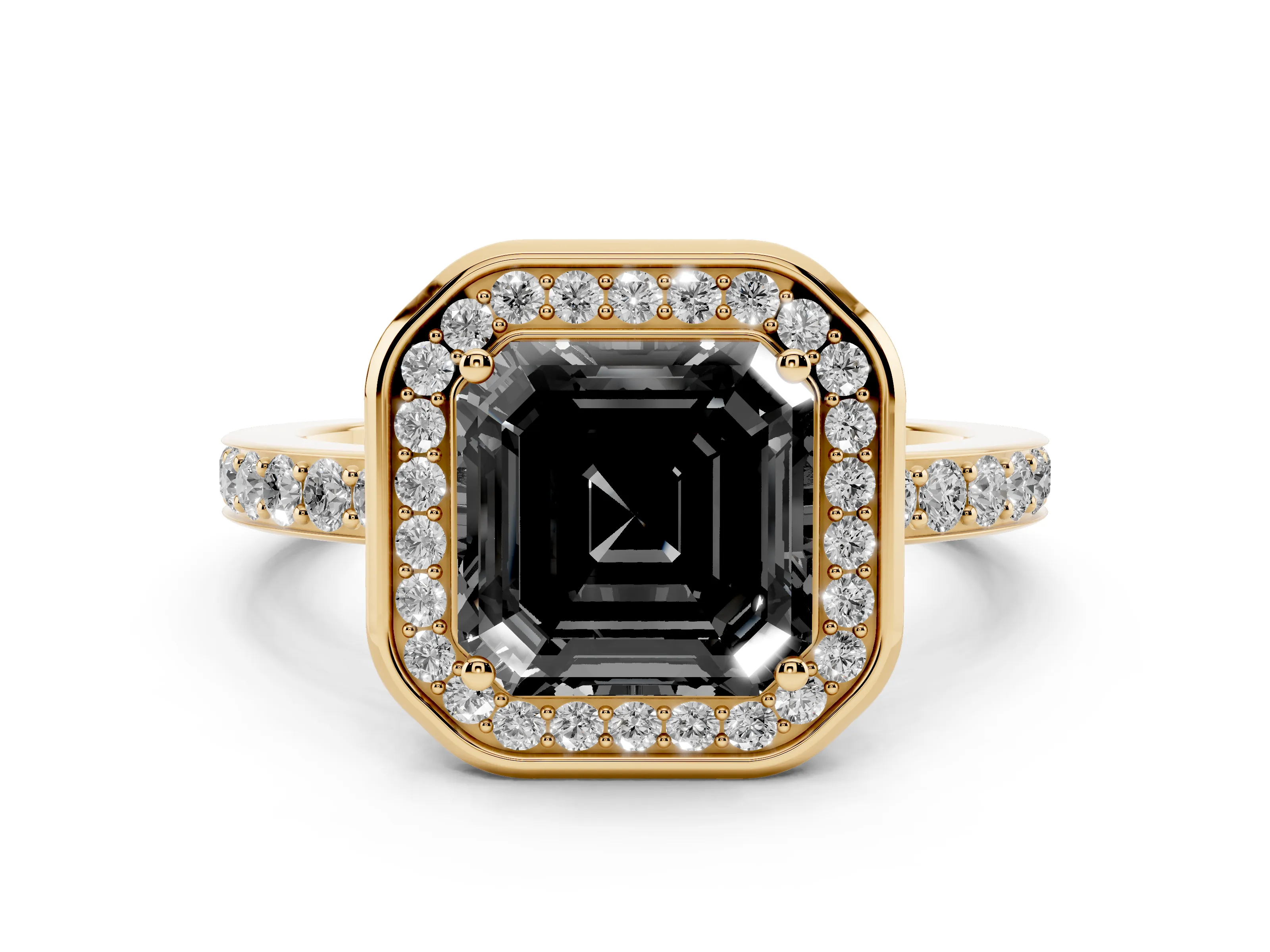 Fancy Black Asscher Cut Diamond Halo Ring Set in Yellow gold with Bezel Frame and Pavé Band