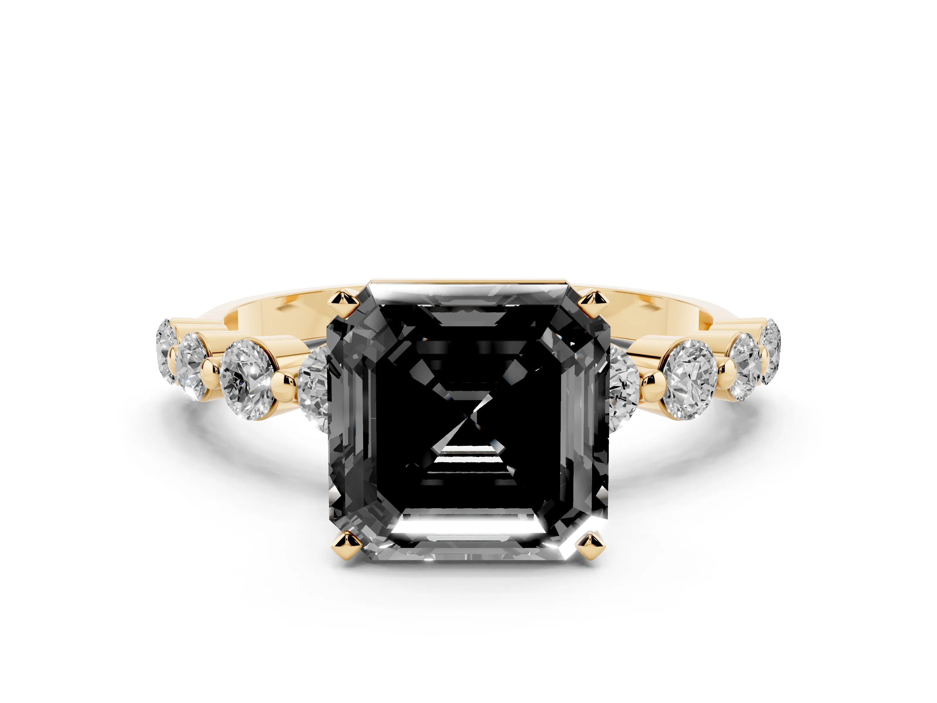Fancy Black Asscher Cut Diamond Solitaire Ring Set in Yellow gold with Pavé Band and Prong Setting