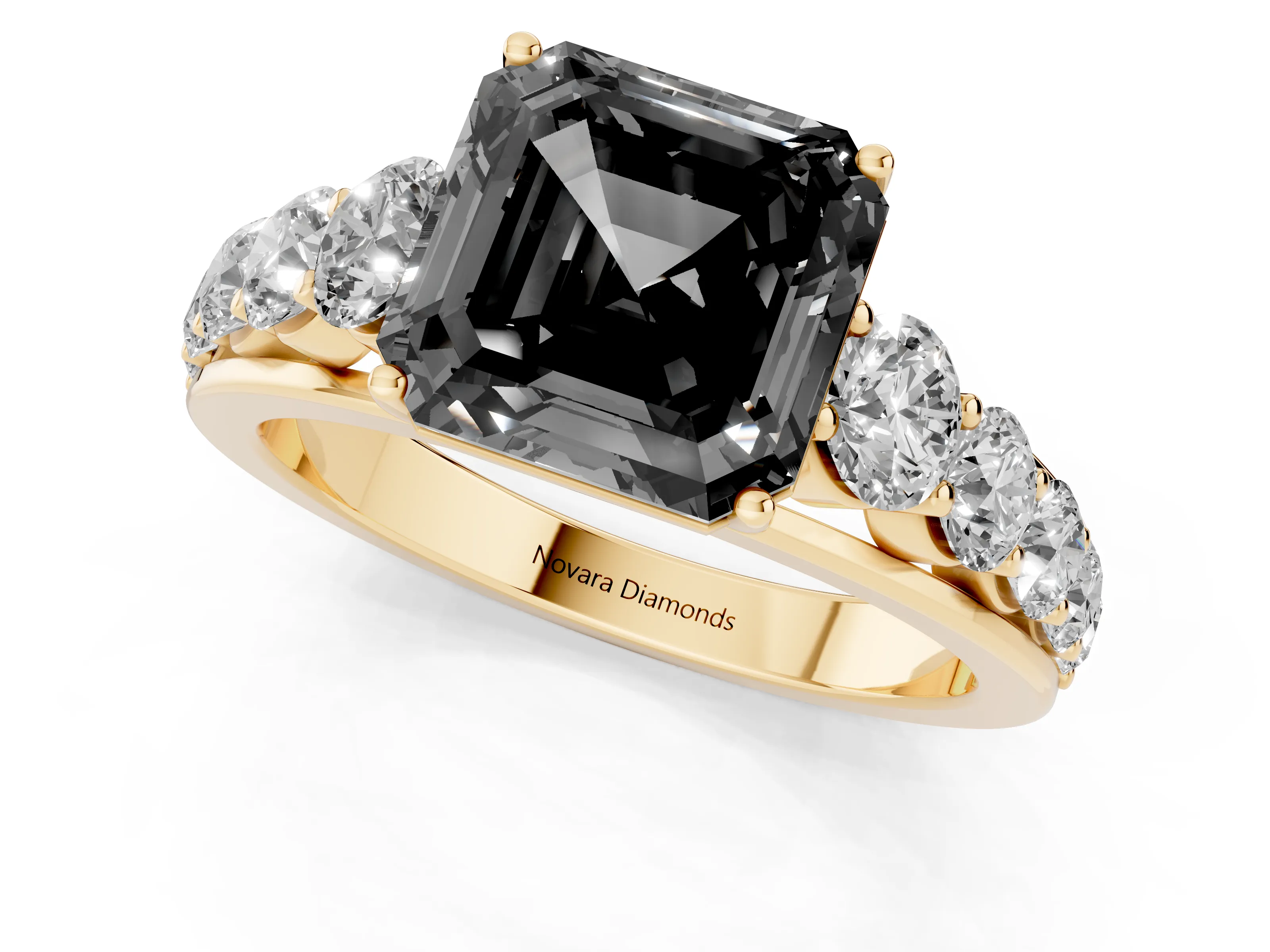 Fancy Black Asscher Cut Diamond Solitaire Ring Set in Yellow gold with Pavé-Set Band and Prong Setting