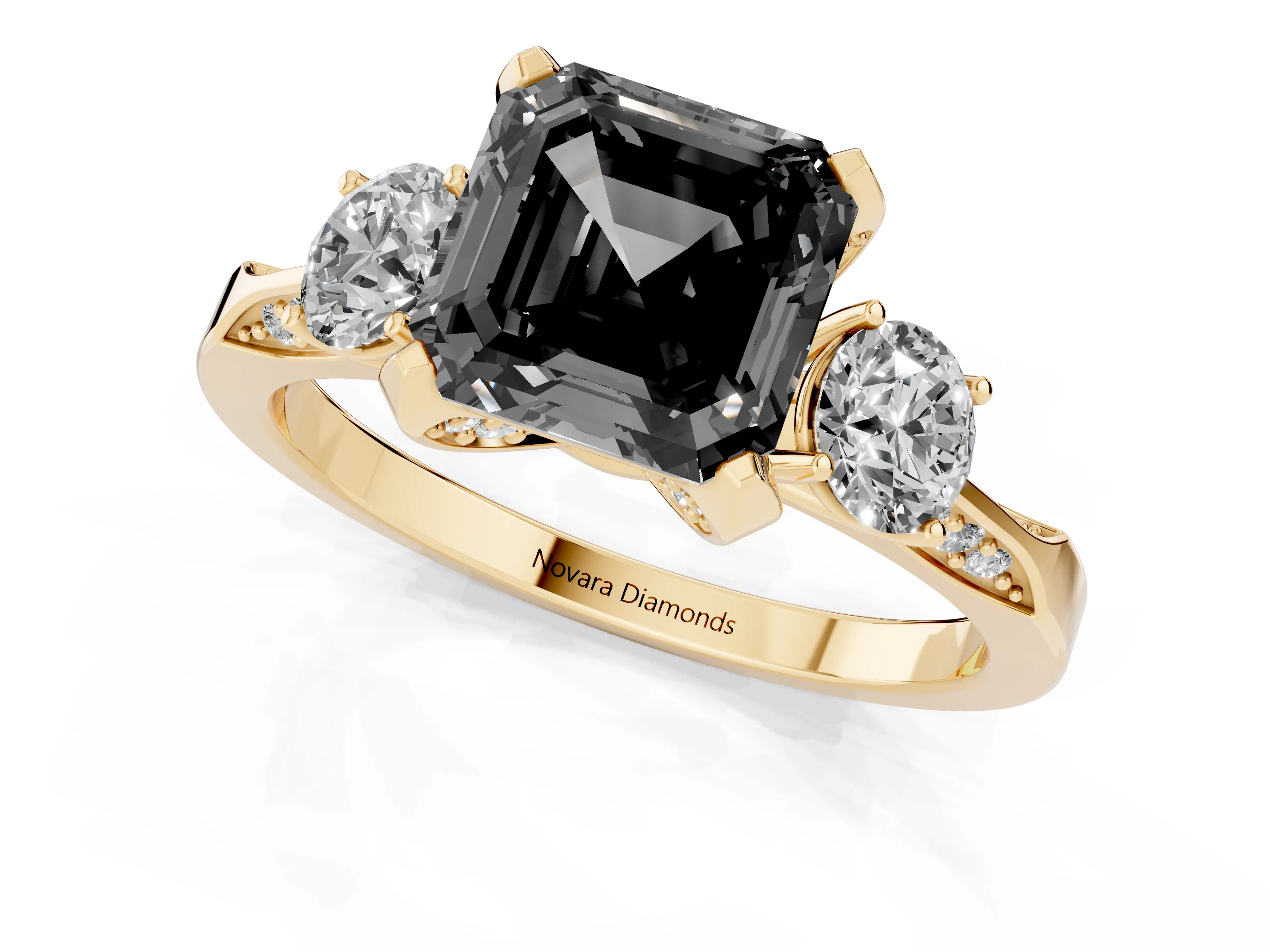 Fancy Black Asscher Cut Diamond Three-Stone Ring Set in Yellow gold with Pavé Band and Smaller Side Stones