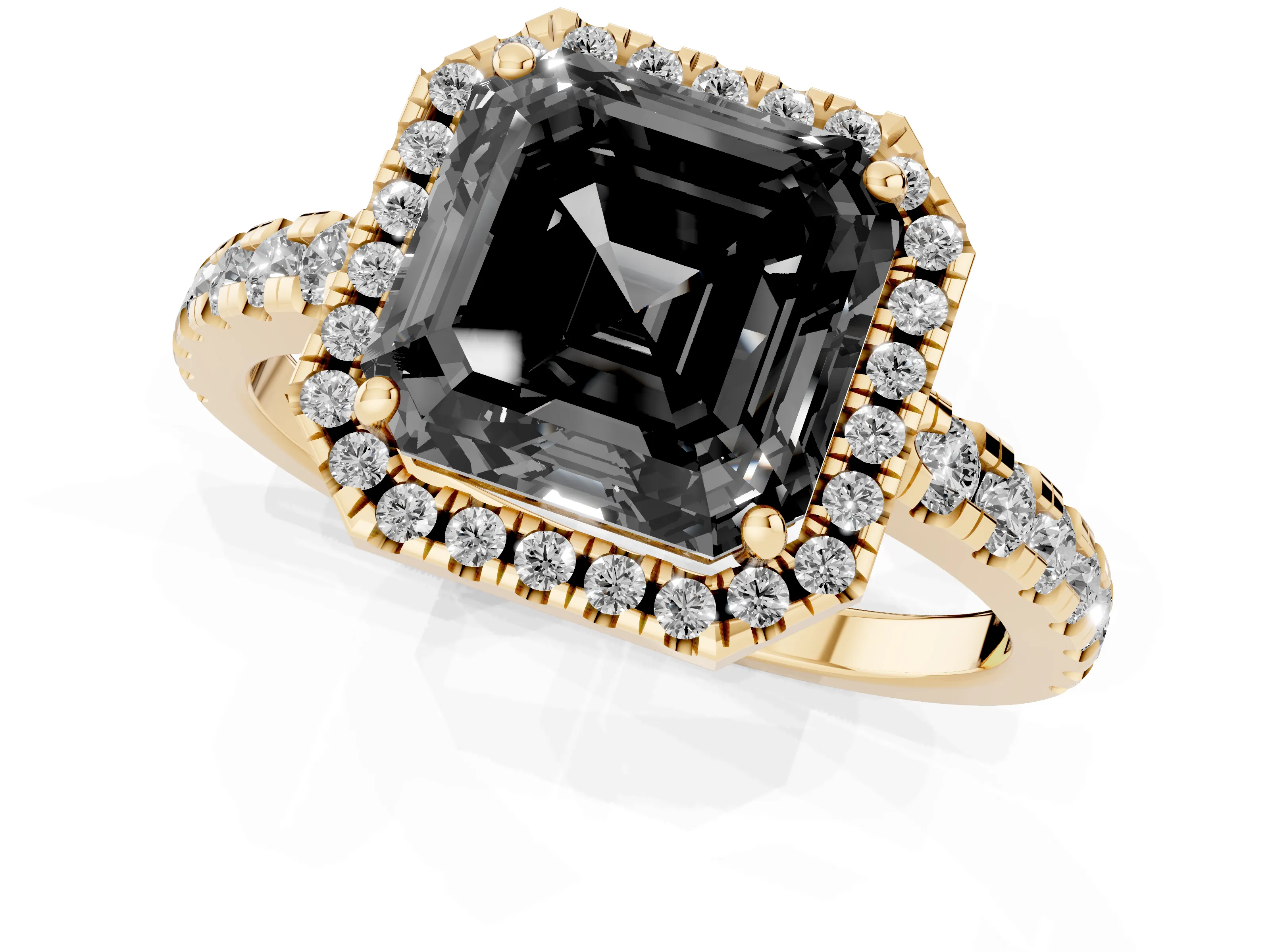 Fancy Black Asscher Cut Diamond Halo Ring Set in Yellow gold with Delicate Pavé Band and Prong Setting