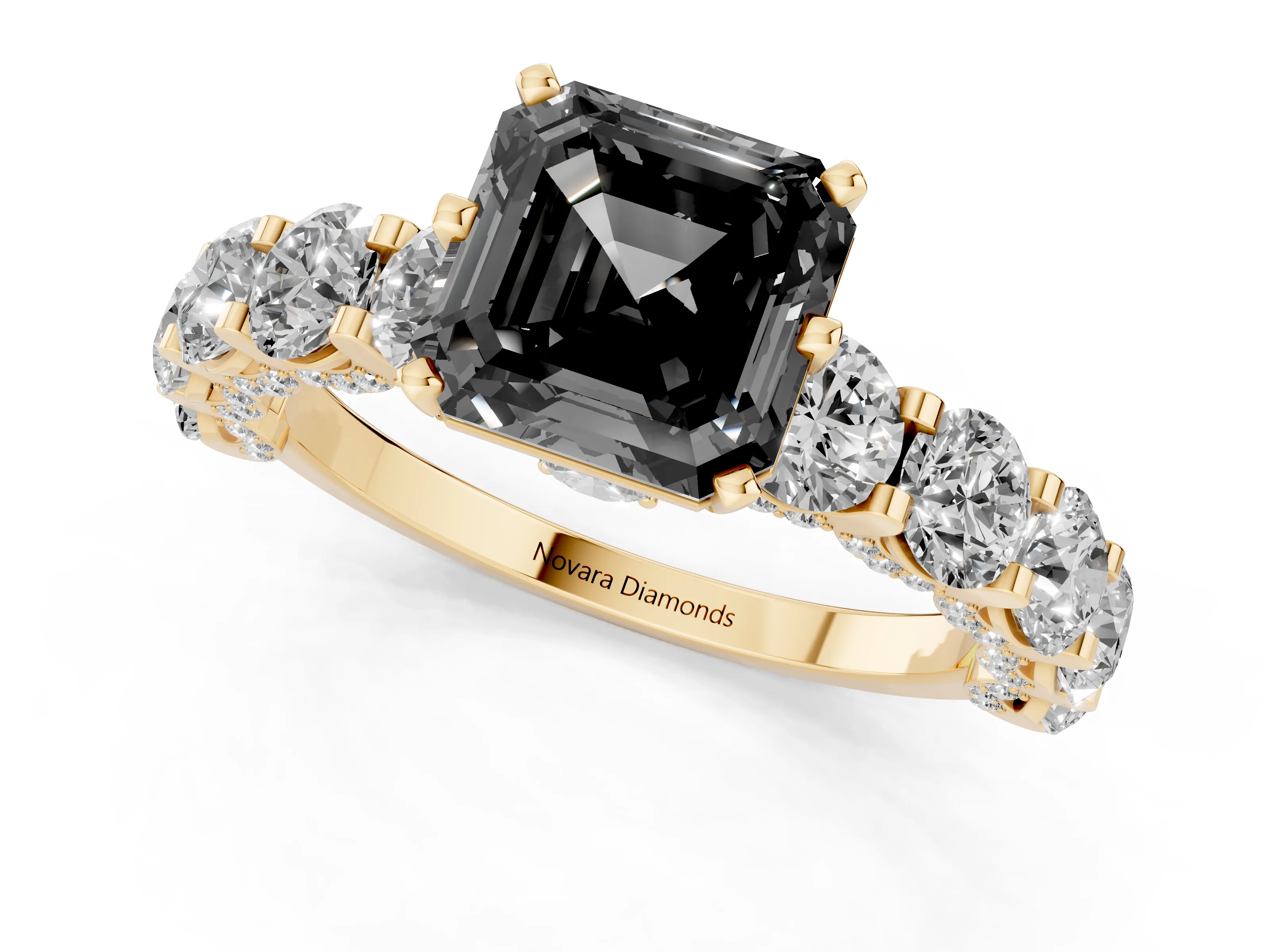 Fancy Black Asscher Cut Diamond Side Stone Ring Set in Yellow gold with Alternating Round and Oval Side Stones – second view