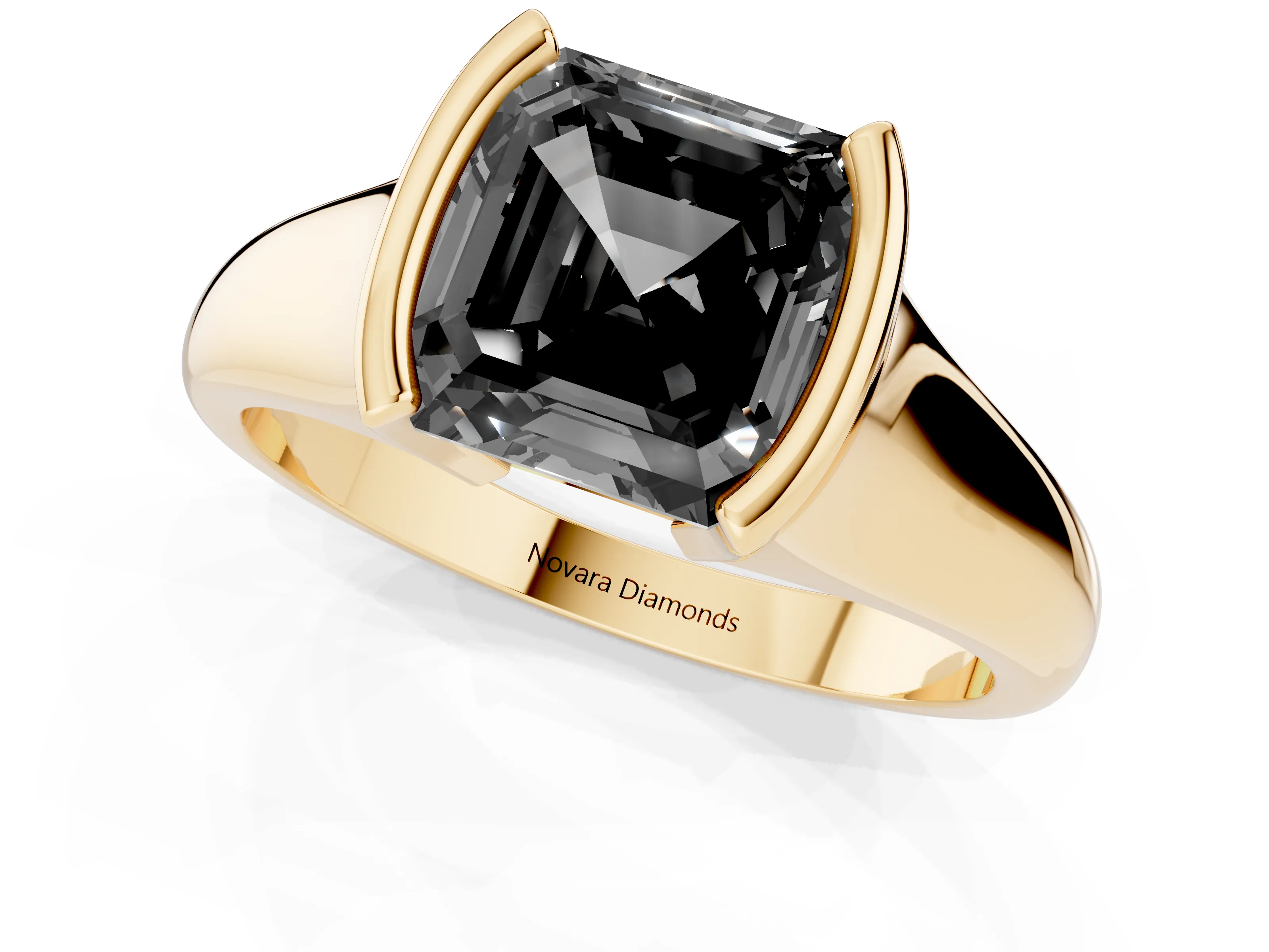 Fancy Black Asscher Cut Diamond Solitaire Tension Set Ring Set in Yellow gold with Split Shank Band