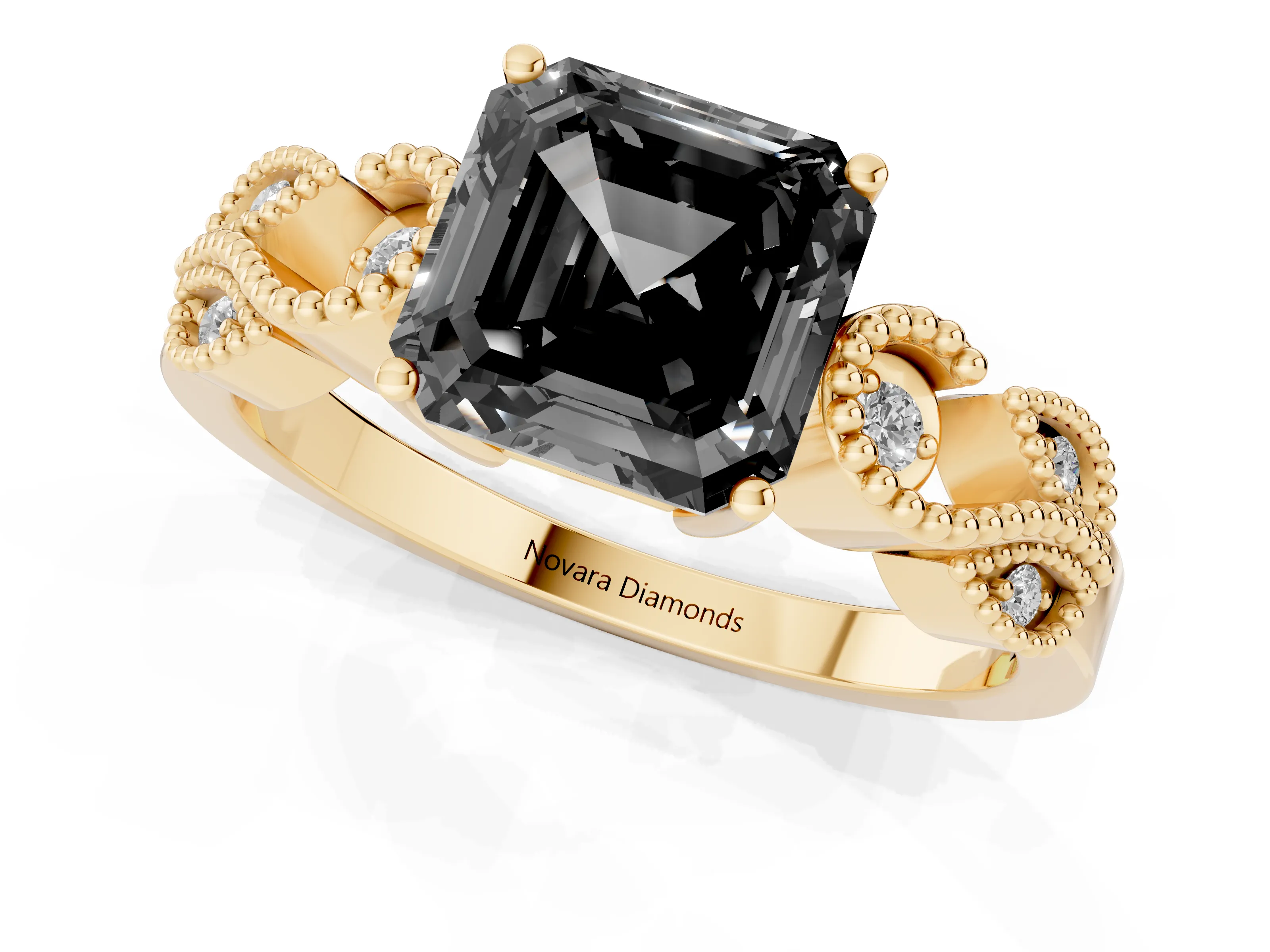 Fancy Black Asscher Cut Diamond Milgrain Leaf Band Solitaire Ring Set in Yellow gold with Accent Stones and Prong Setting
