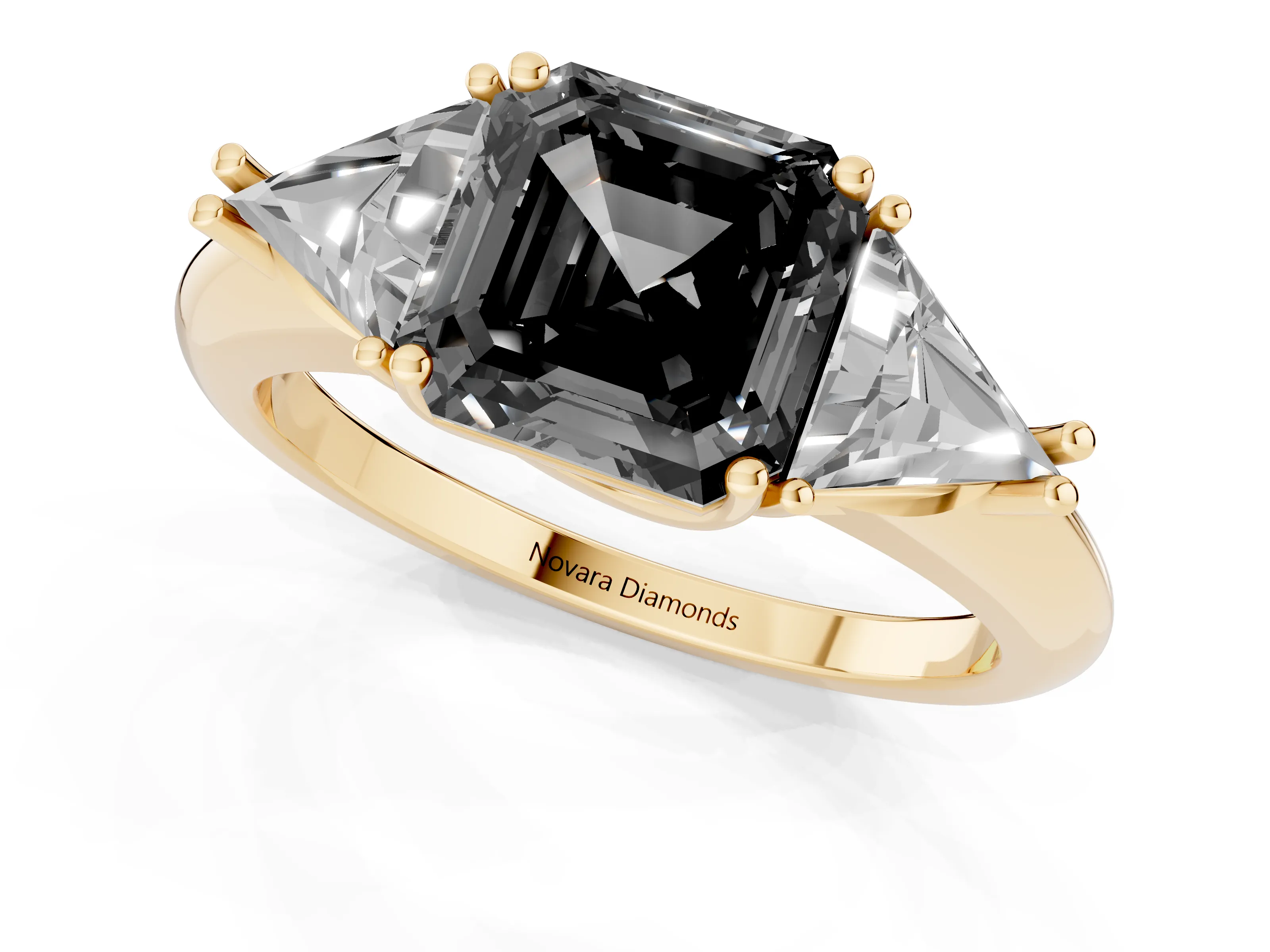 Fancy Black Asscher Cut Diamond Three-Stone Engagement Ring Set in Yellow gold with Trillion Side Stones