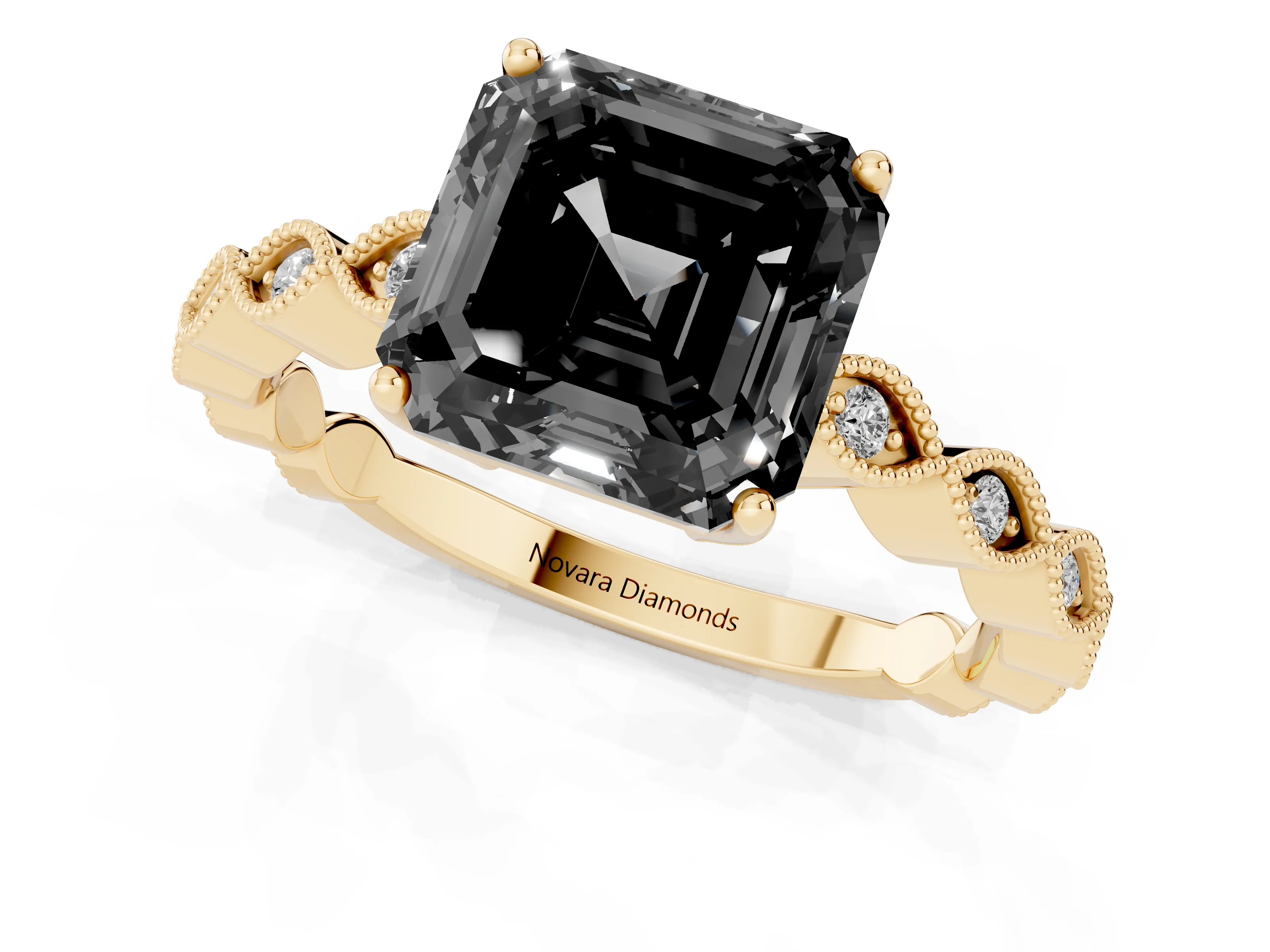 Fancy Black Asscher Cut Diamond Solitaire Ring Set in Yellow gold with Infinity Twist Pavé Band