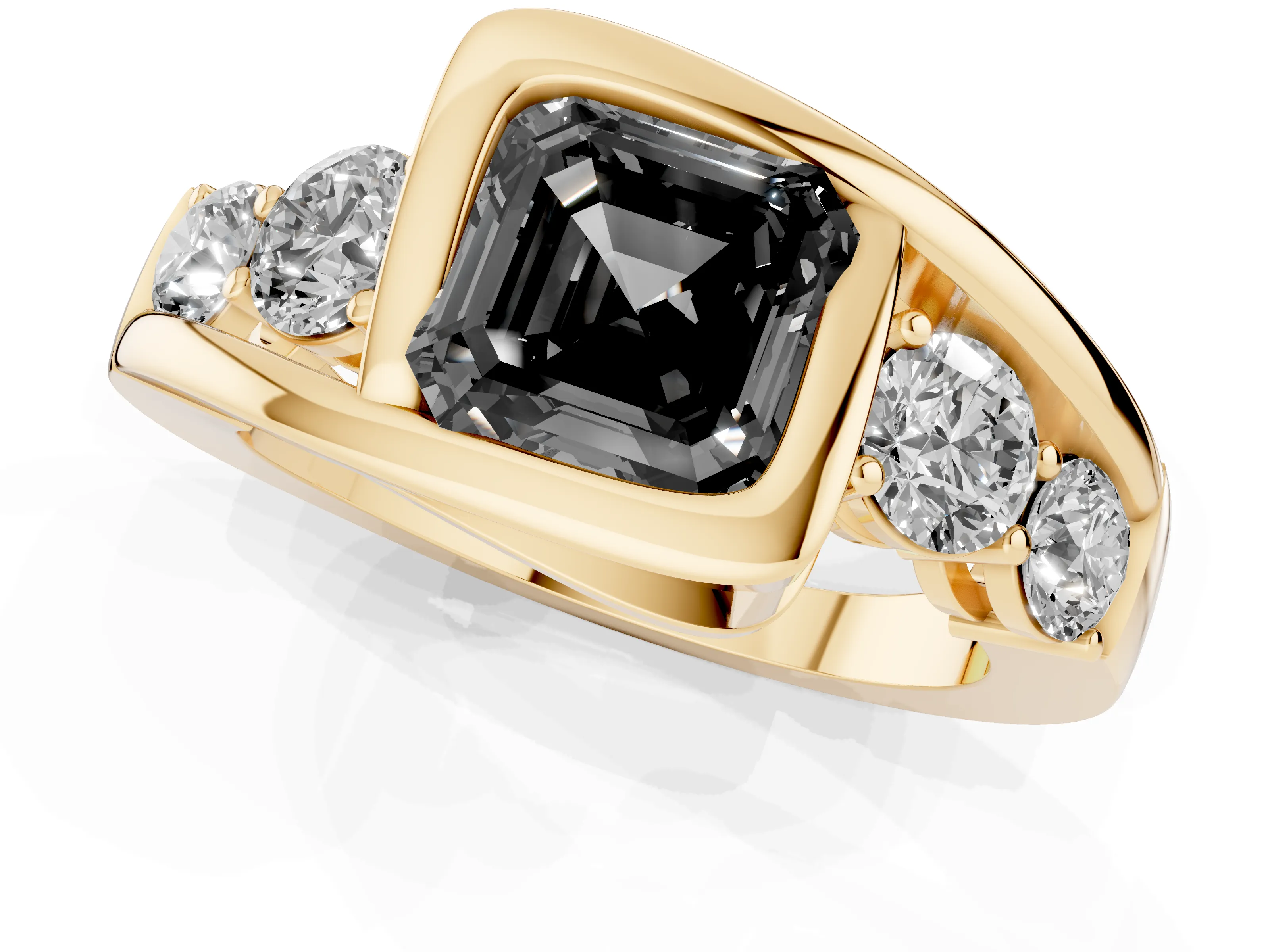 Fancy Black Asscher Cut Diamond Bezel Bypass Ring Set in Yellow gold with Round Accents