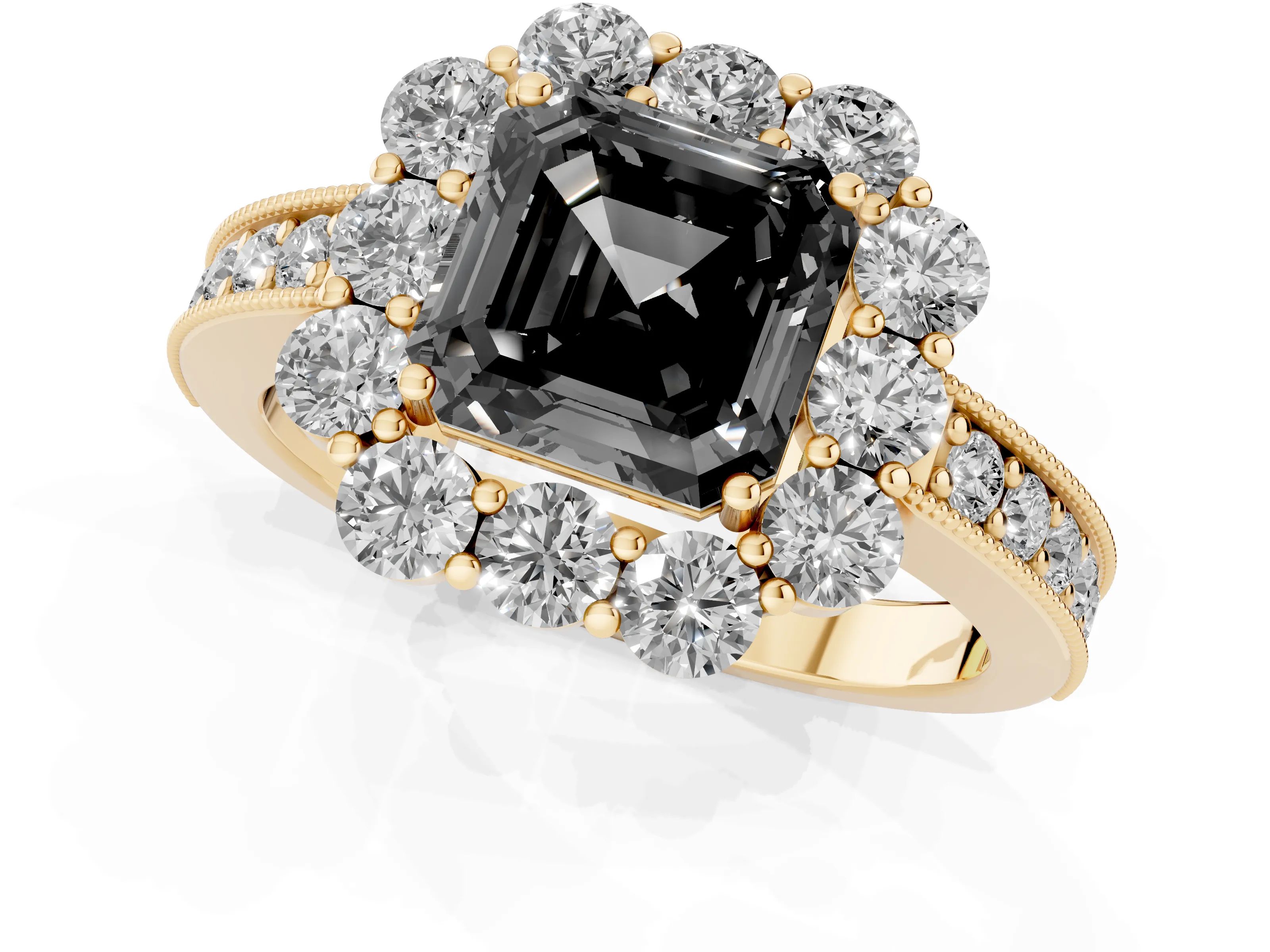 Fancy Black Asscher Cut Diamond Halo Pavé Engagement Ring Set in Yellow gold with Milgrain Detailing