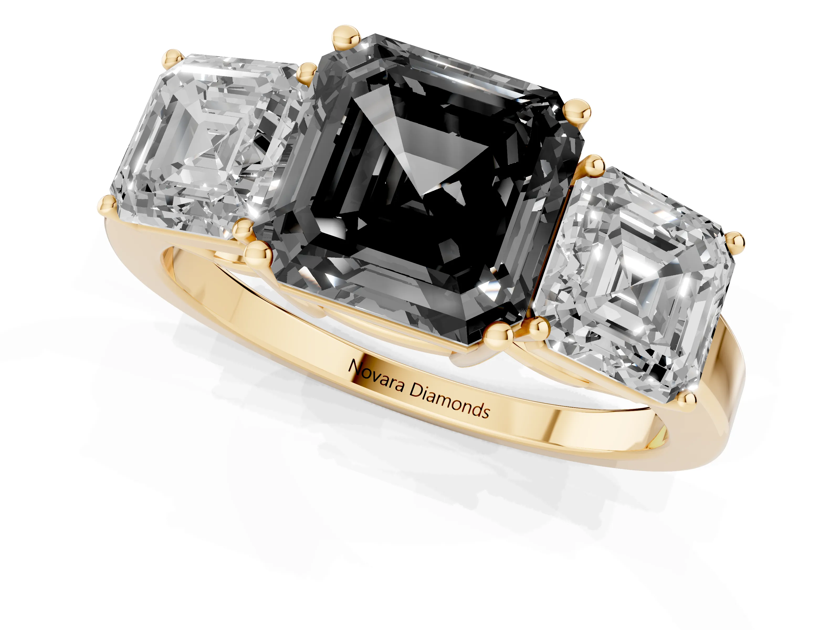 Fancy Black Asscher Cut Diamond Three-Stone Engagement Ring Set in Yellow gold with Flat Band