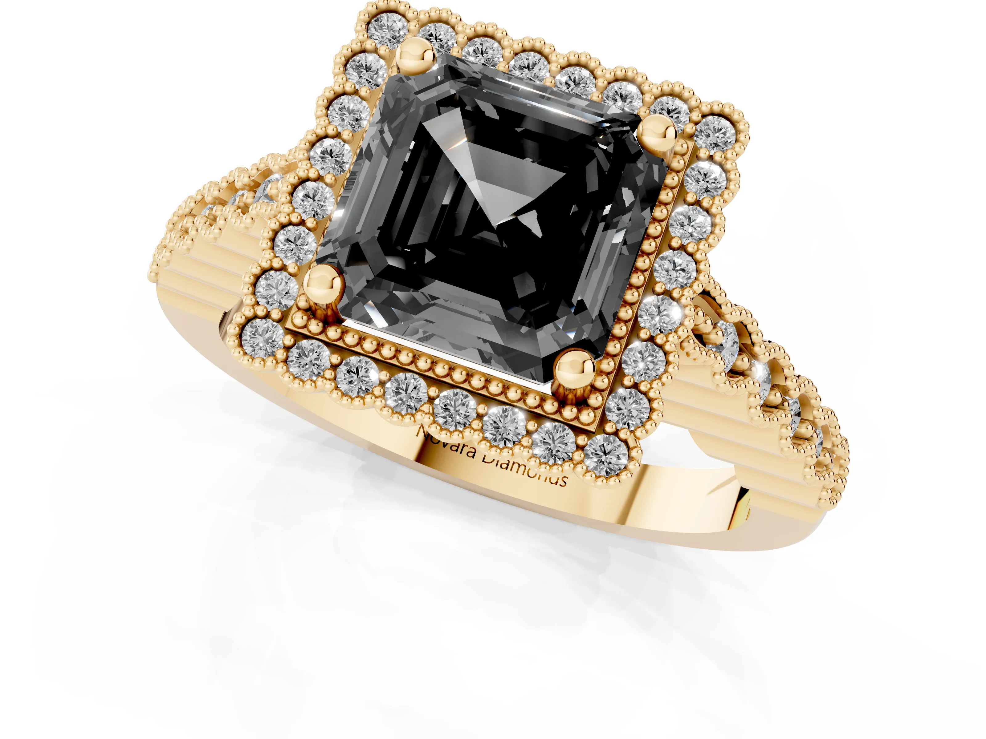 Fancy Black Asscher Cut Diamond Halo Ring Set in Yellow gold with Pavé Milgrain Band