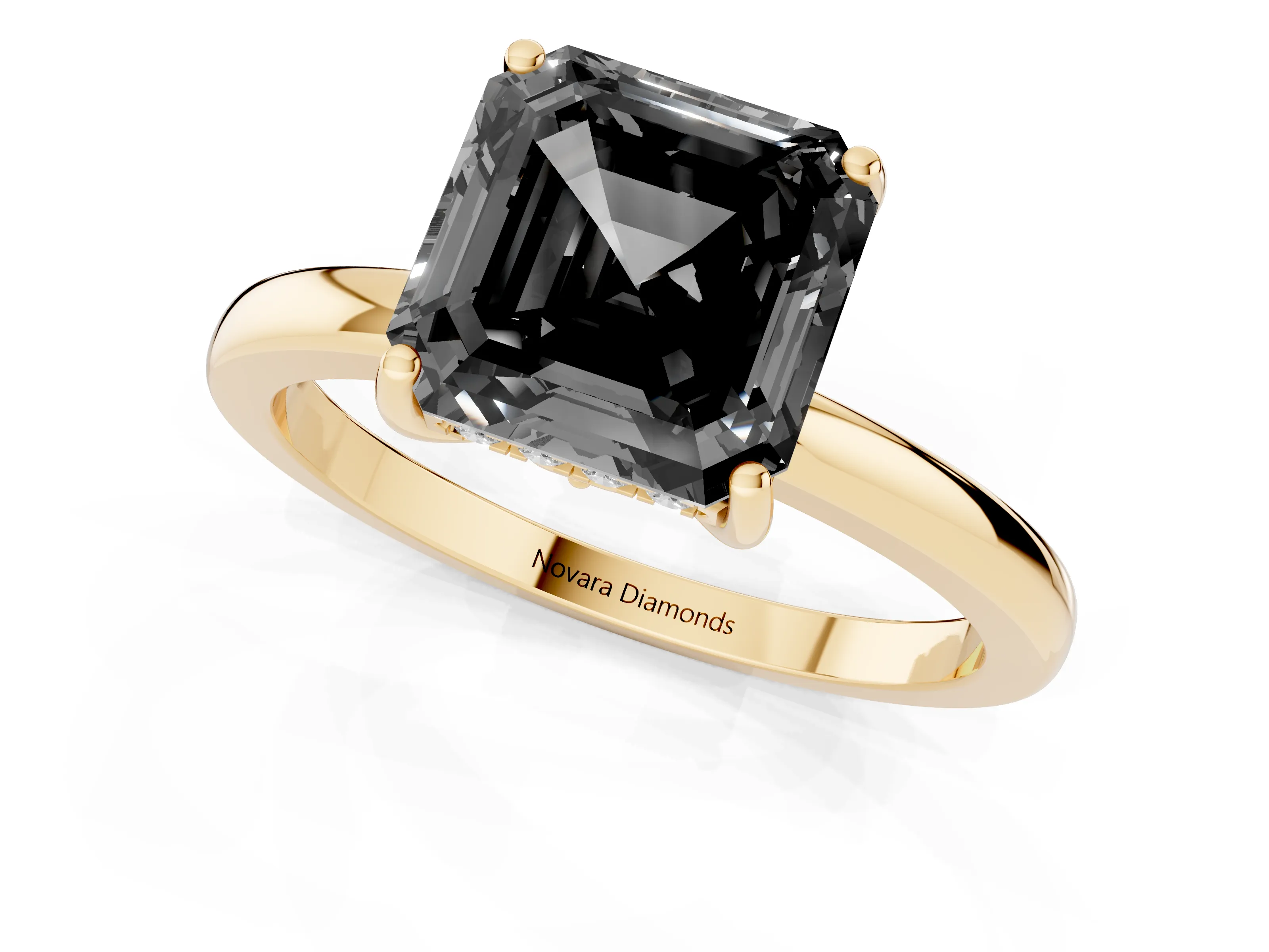 Fancy Black Asscher Cut Diamond Solitaire Ring Set in Yellow gold with Plain Band and Prong Setting
