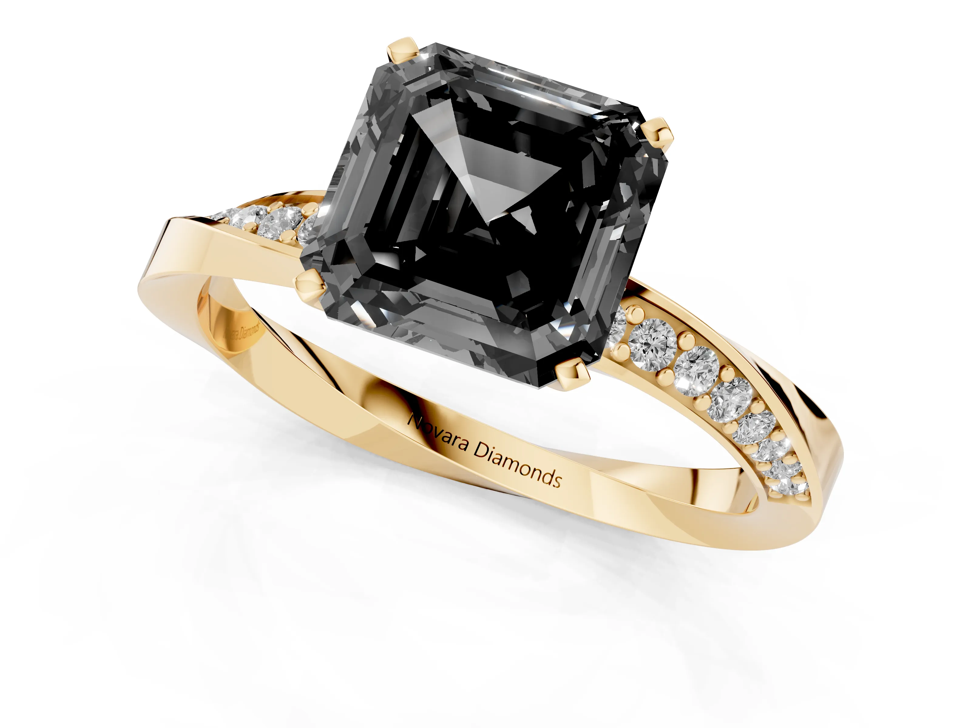 Fancy Black Asscher Cut Diamond Engagement Ring Set in Yellow gold with Side Stone Accents and Prong Setting