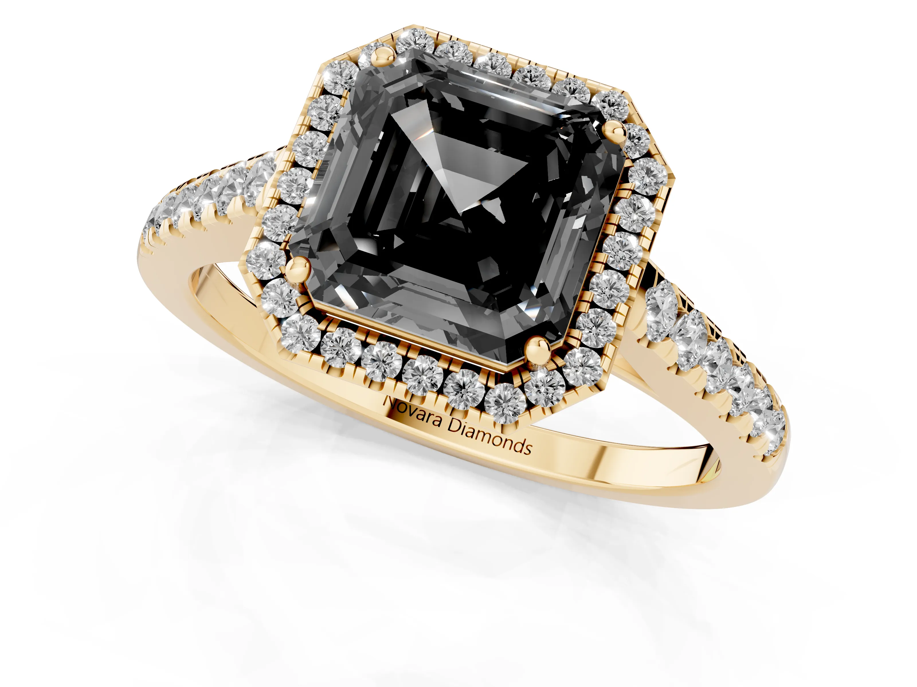 Fancy Black Asscher Cut Diamond Halo Pavé Engagement Ring Set in Yellow gold with Prong Setting