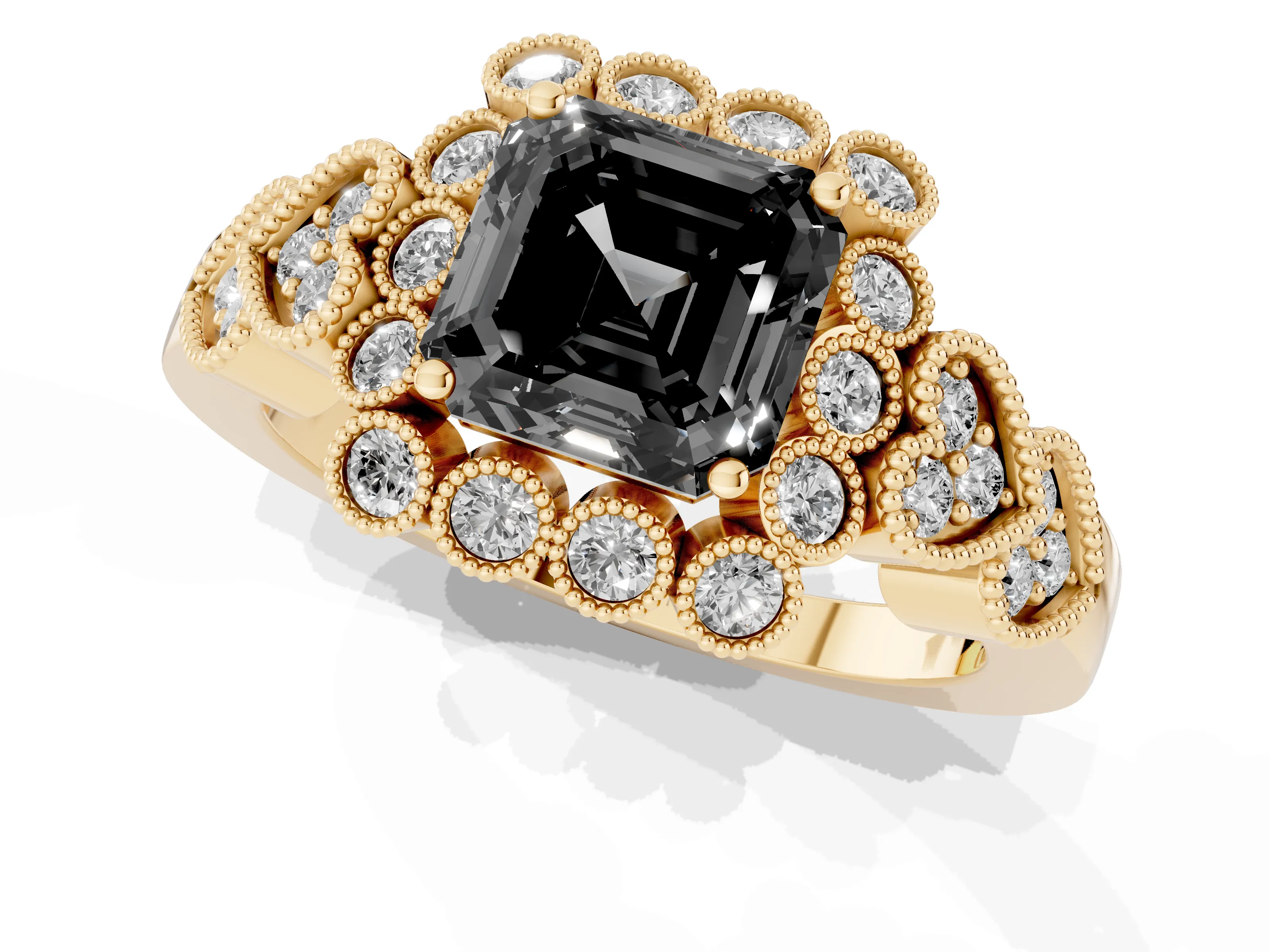 Fancy Black Asscher Cut Diamond Solitaire Ring Set in Yellow gold with Milgrain Pavé Heart Band