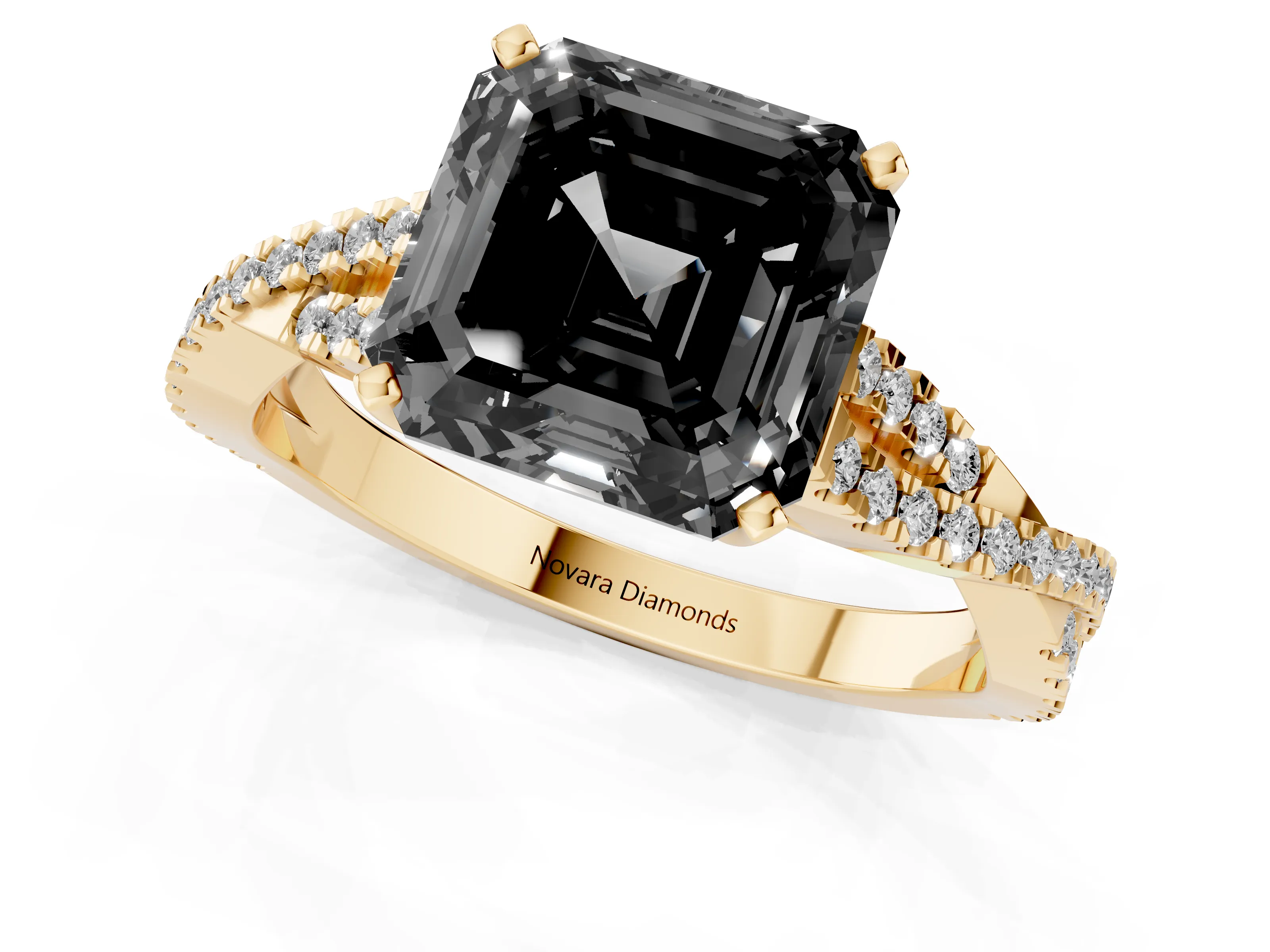 Fancy Black Asscher Cut Diamond Solitaire Engagement Ring Set in Yellow gold with Twisted Pavé Band and Prong Setting