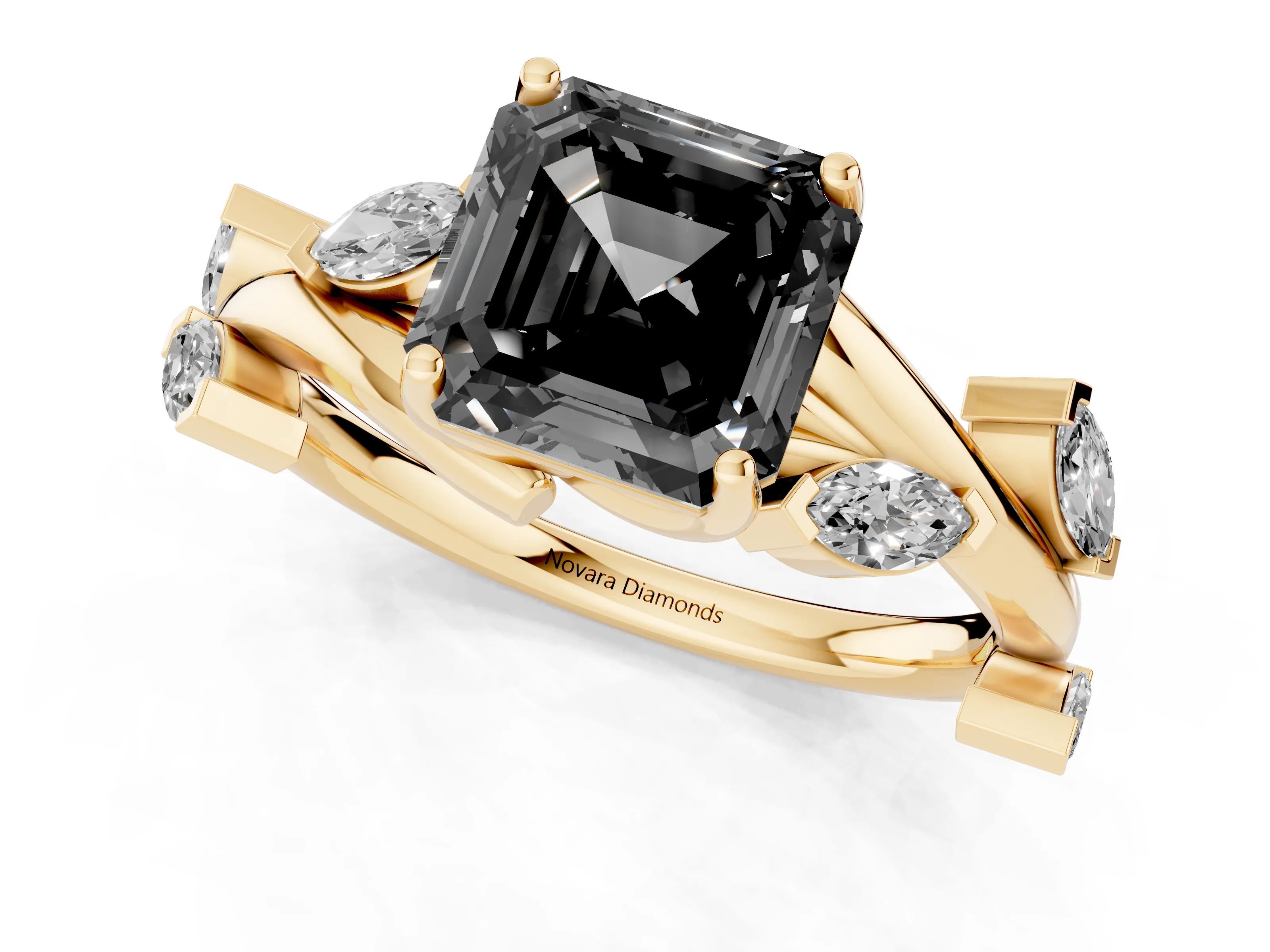 Fancy Black Asscher Cut Diamond Solitaire Ring Set in Yellow gold with Twisted Marquise Accent Band