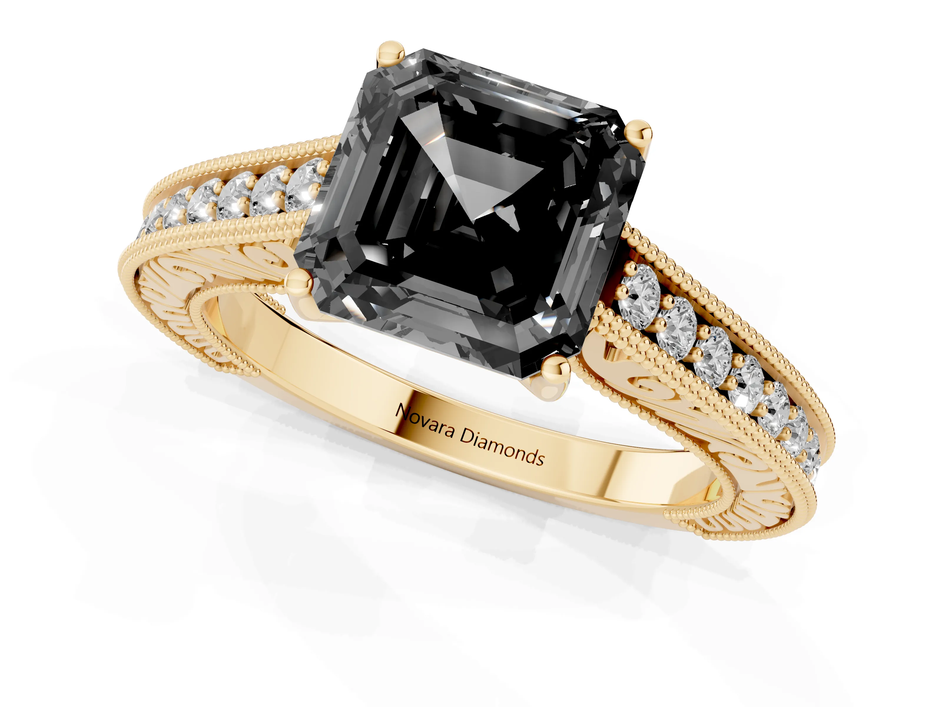 Fancy Black Asscher Cut Diamond Milgrain Pavé Band Solitaire Ring Set in Yellow gold with Prong Setting