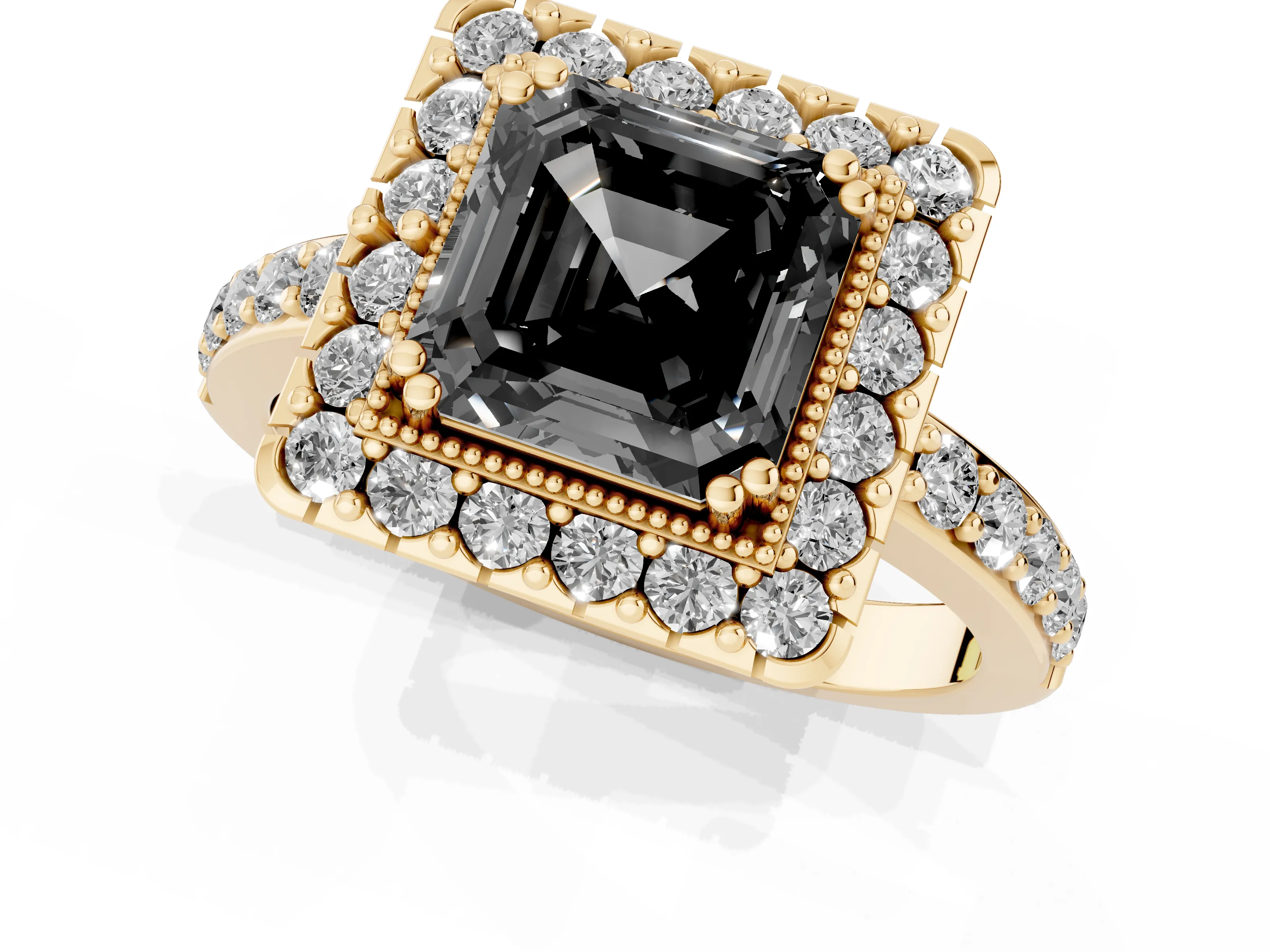 Fancy Black Asscher Cut Diamond Halo Ring Set in Yellow gold with Pavé Shank and Prong Setting