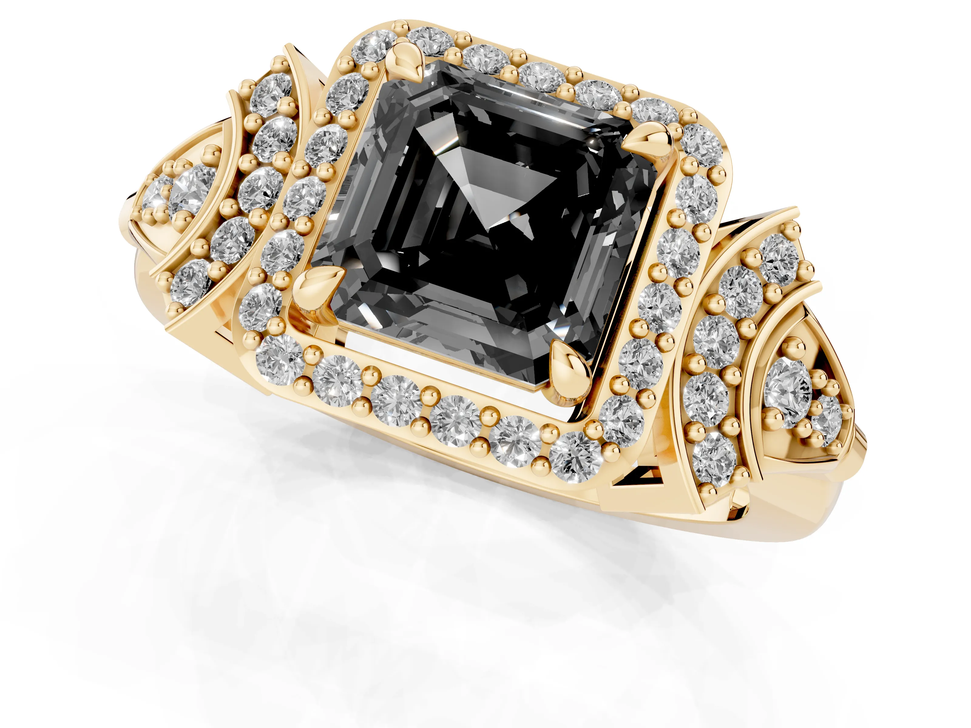Fancy Black Asscher Cut Diamond Halo Engagement Ring Set in Yellow gold with Accent Stone Split Shank