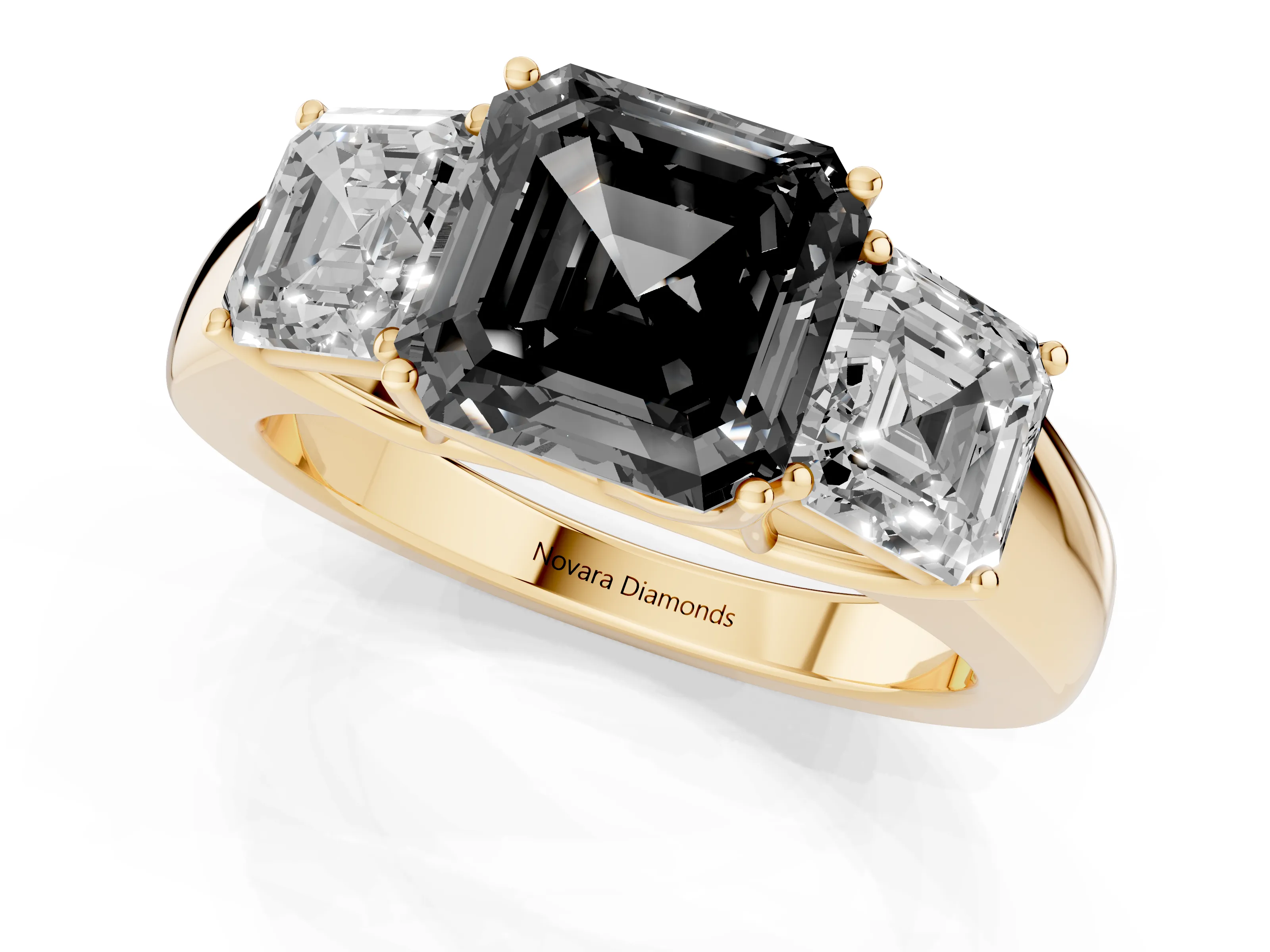 Fancy Black Three-Stone Asscher Cut Diamond Ring Set in Yellow gold with Matching Prong Settings and Plain Band