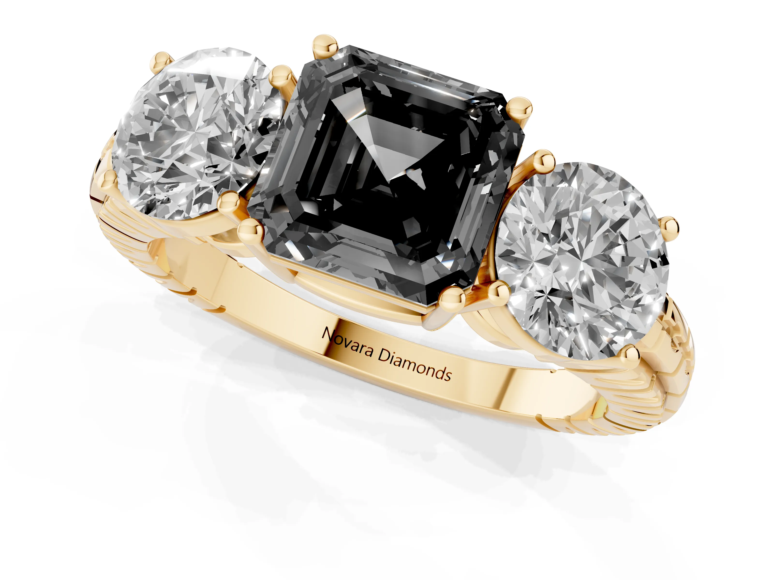 Fancy Black Asscher Cut Diamond Three-Stone Ring Set in Yellow gold with Channel-Set Accent Band