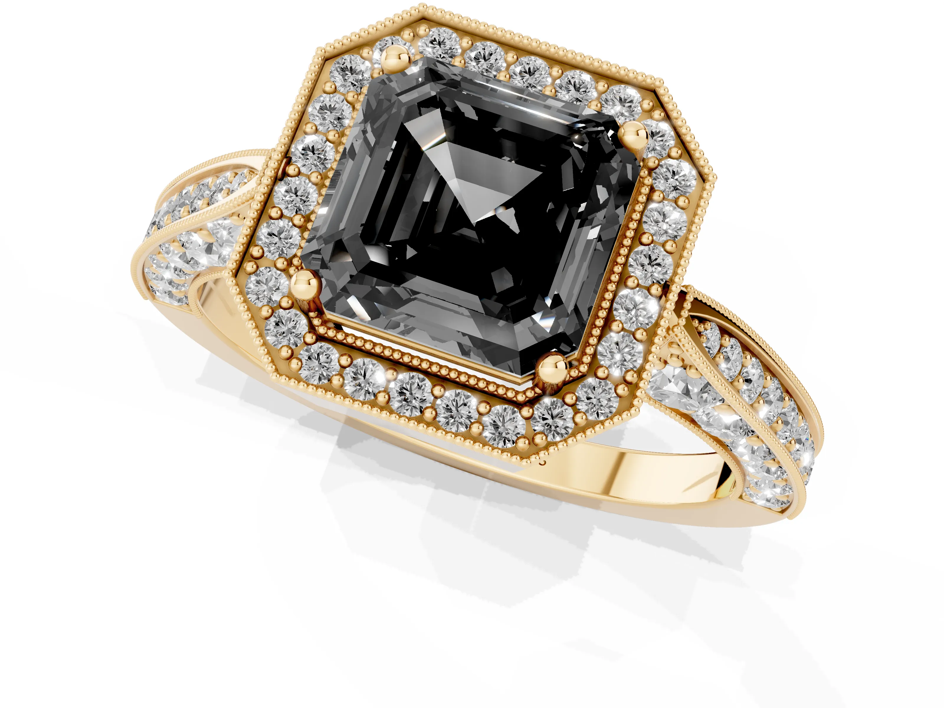 Fancy Black Asscher Cut Diamond Halo Engagement Ring Set in Yellow gold with Accent Split Shank Band
