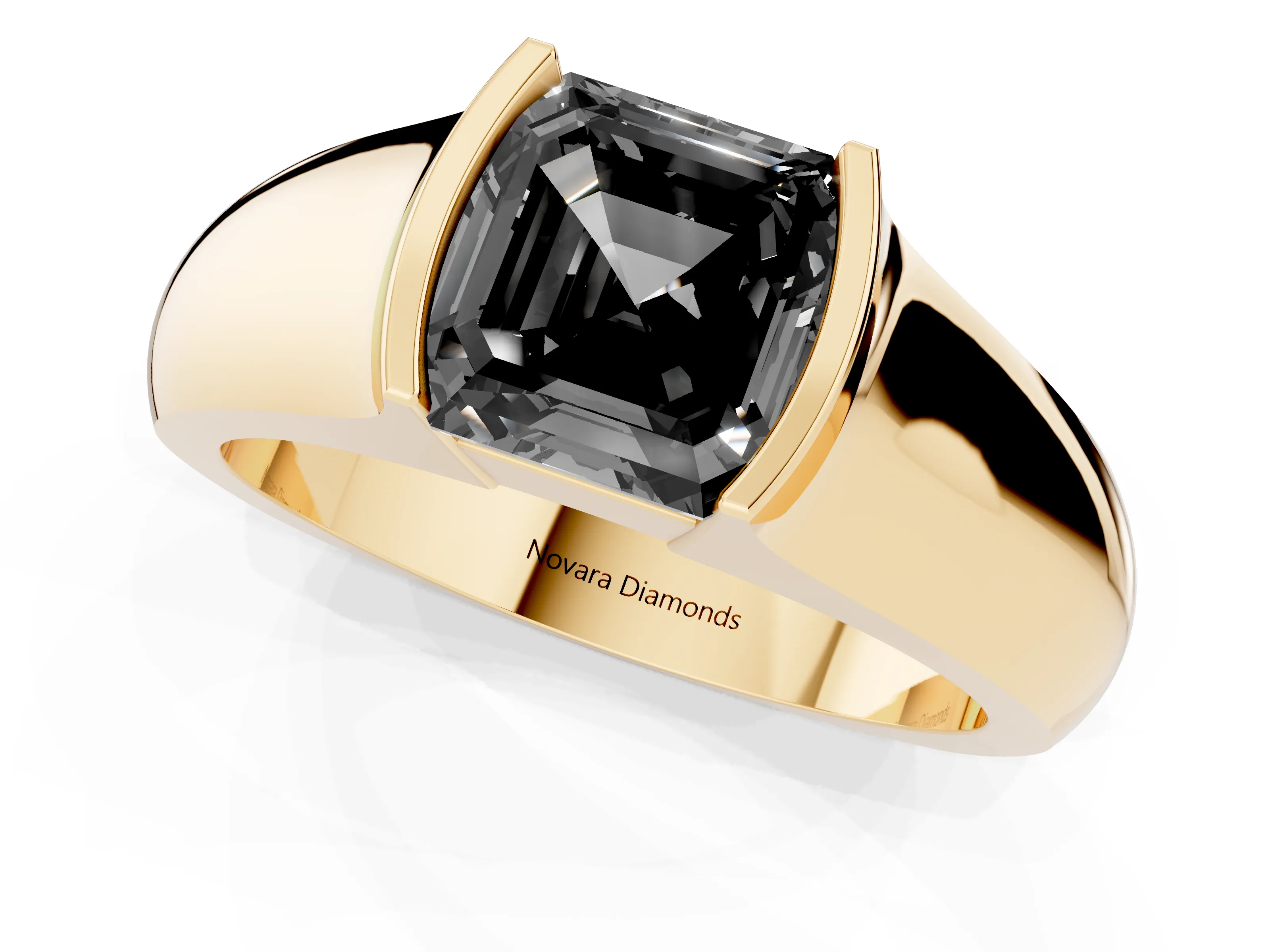 Fancy Black Asscher Cut Diamond Bezel Solitaire Ring Set in Yellow gold with Wide Band