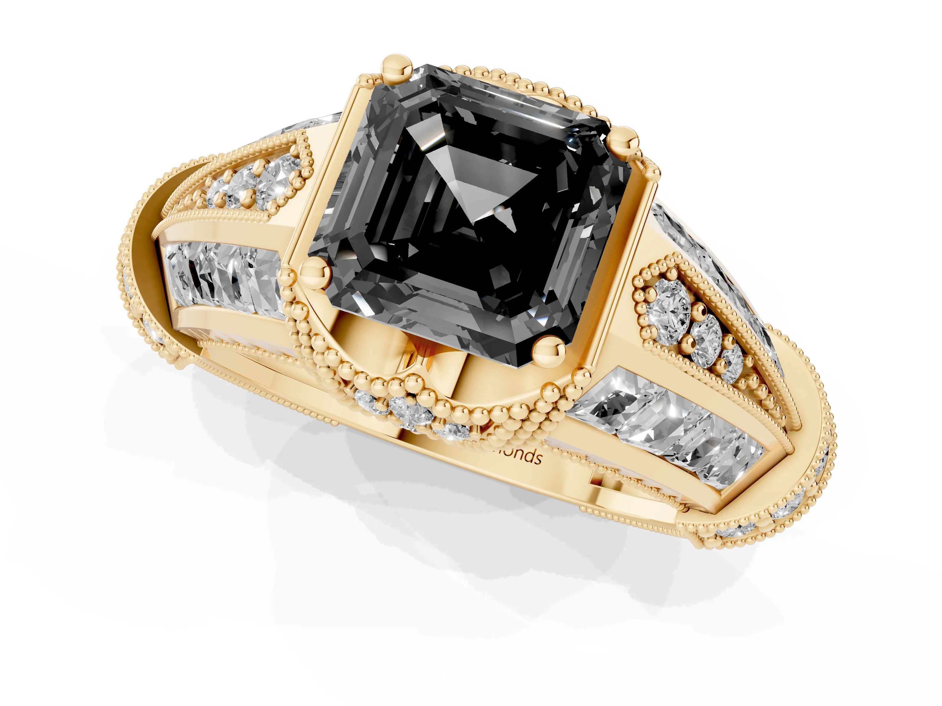 Fancy Black Asscher Cut Diamond Vintage-Inspired Milgrain Ring Set in Yellow gold with Accent Split Shank