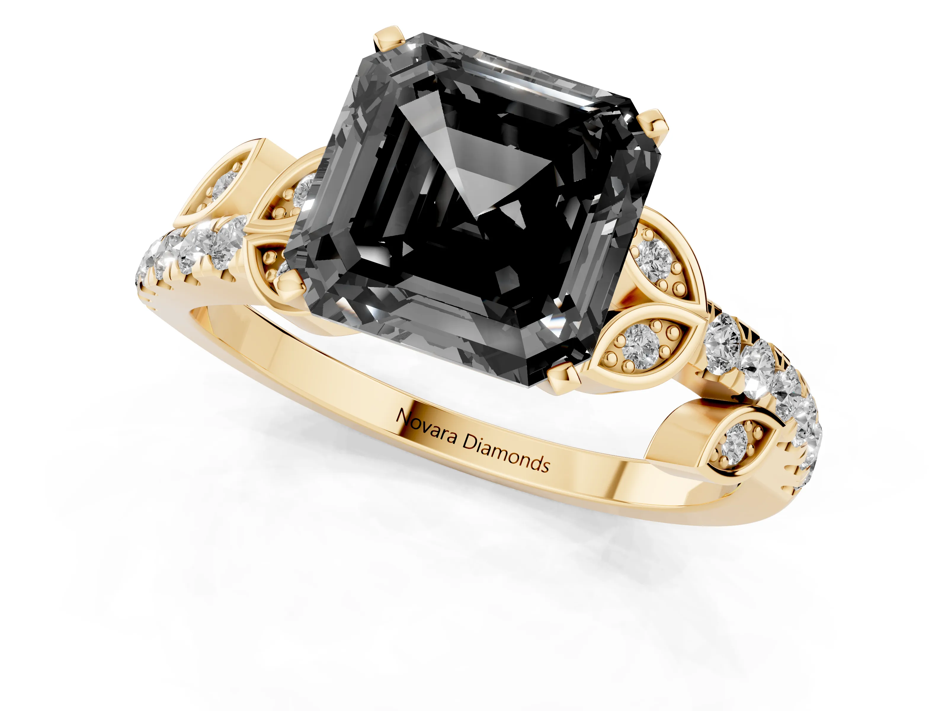 Fancy Black Asscher Cut Diamond Solitaire Leaf-Inspired Ring Set in Yellow gold with Pavé Band and Prong Setting