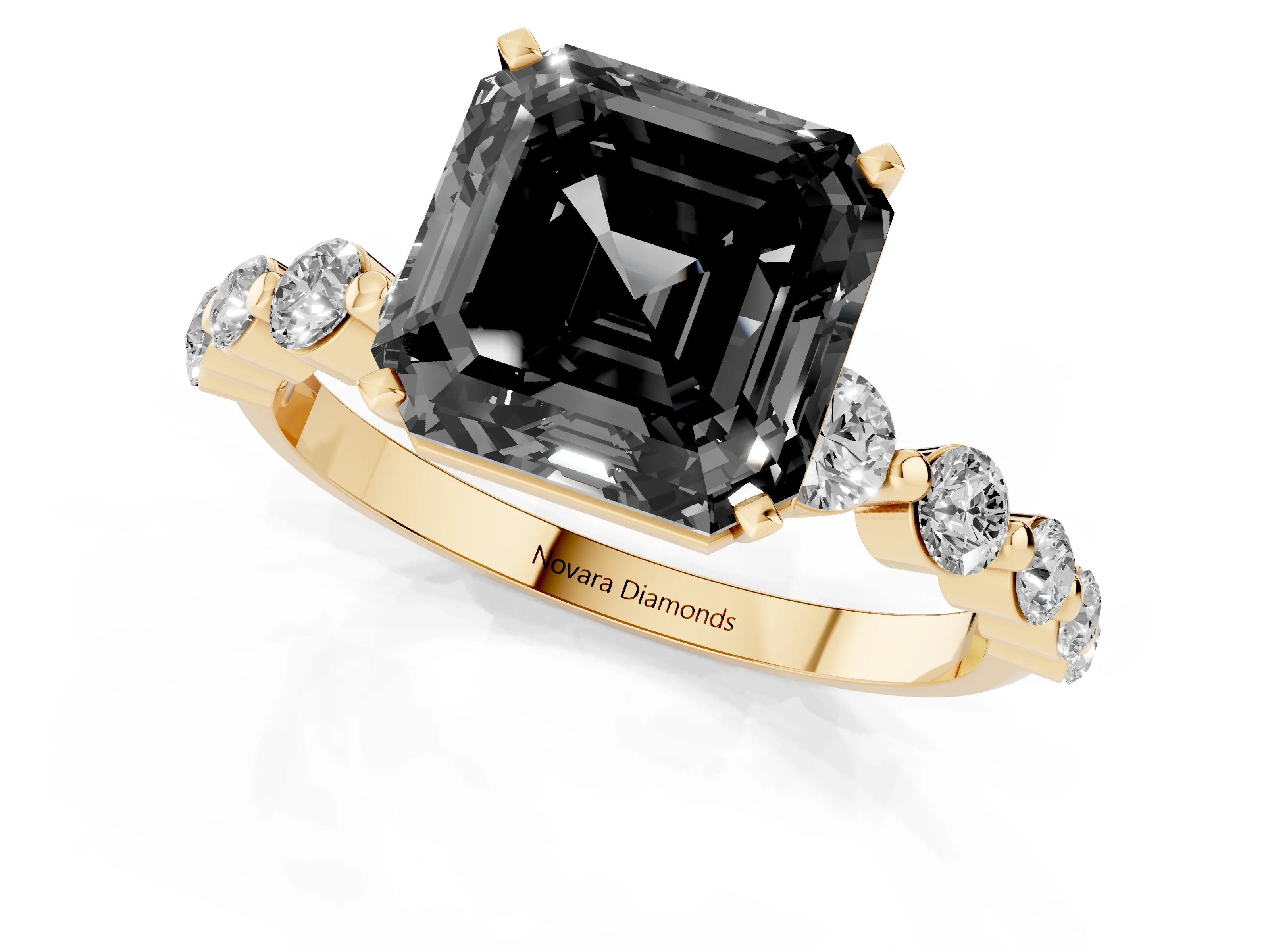 Fancy Black Asscher Cut Diamond Solitaire Ring Set in Yellow gold with Pavé Band and Prong Setting