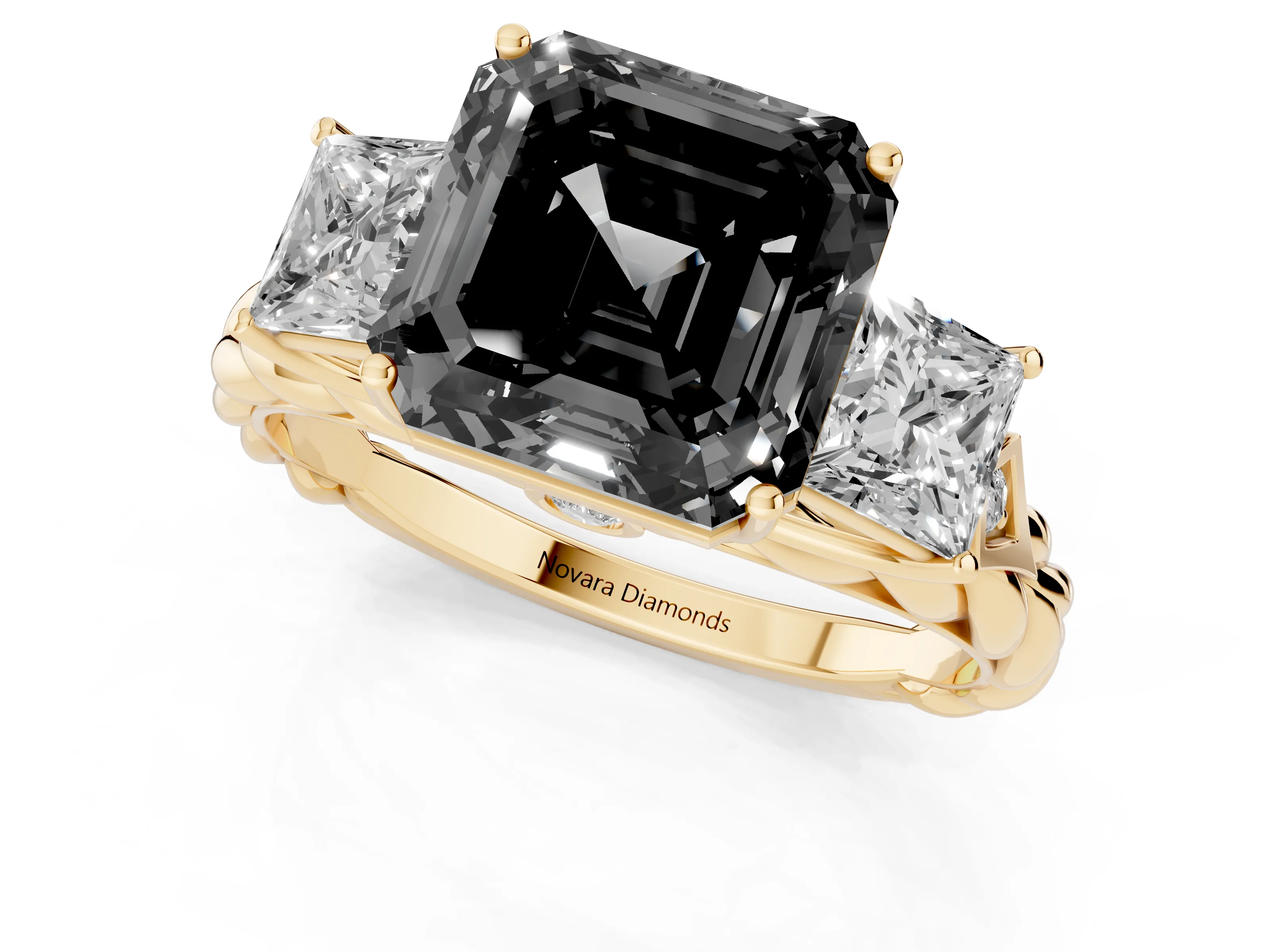 Fancy Black Asscher Cut Diamond Three-Stone Ring Set in Yellow gold with Braided Band