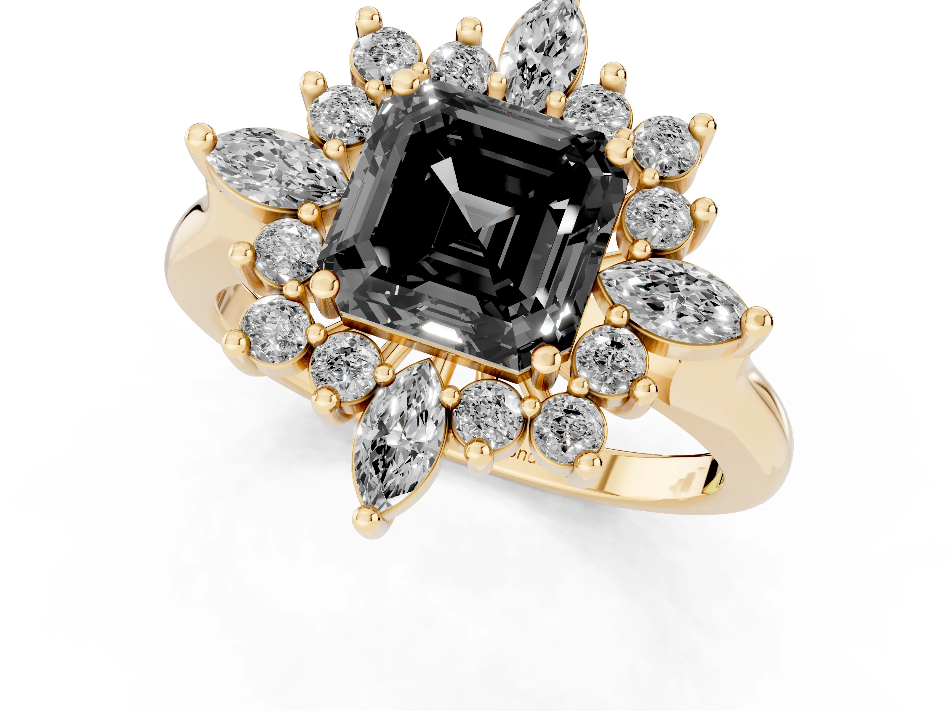 Fancy Black Asscher Cut Diamond Cluster Halo Ring Set in Yellow gold with Marquise and Round Accents
