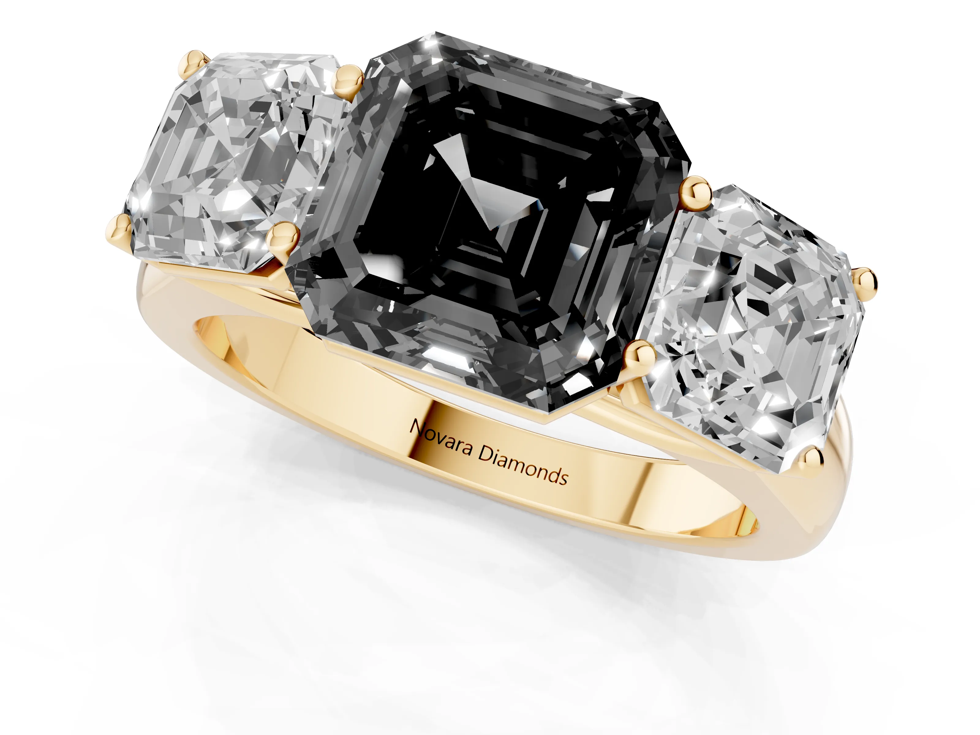 Fancy Black Asscher Cut Diamond Three-Stone Ring Set in Yellow gold with Plain Polished Band