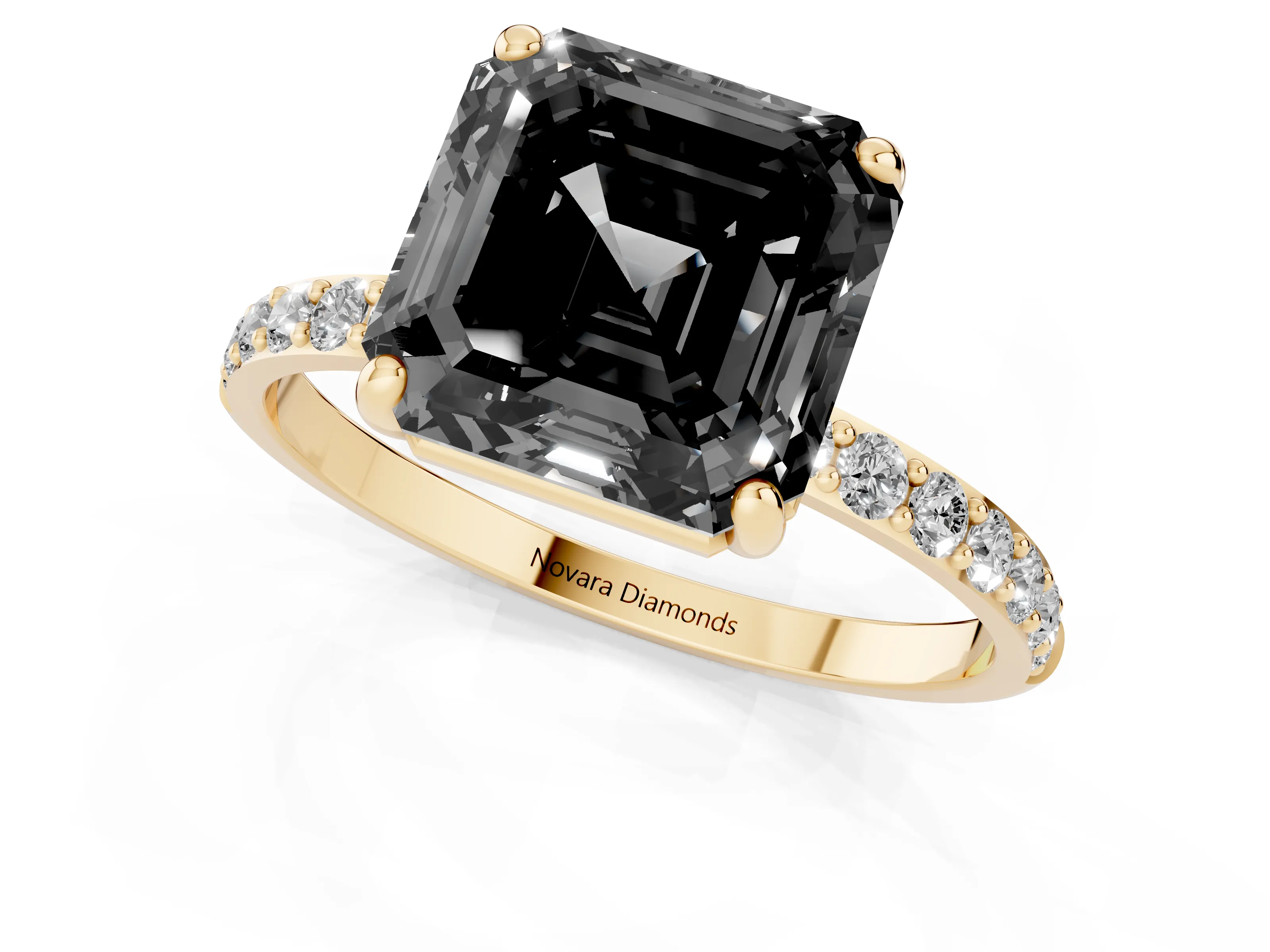 Fancy Black Asscher Cut Diamond Solitaire Ring Set in Yellow gold with Round Pavé Band and Prong Setting