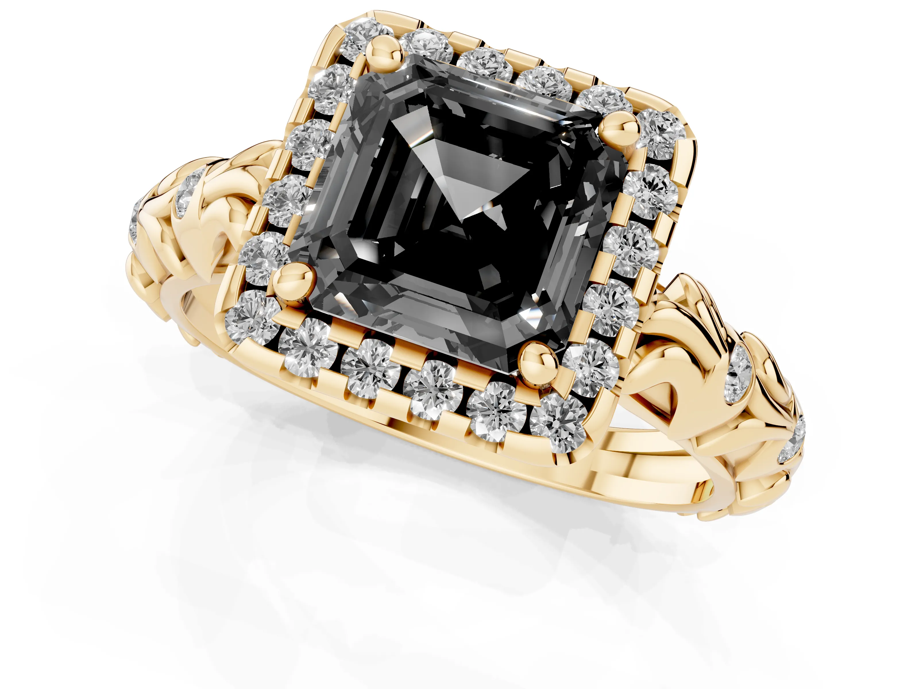 Fancy Black Asscher Cut Diamond Halo Ring Set in Yellow gold with Filigree Leaf Band and Prong Setting