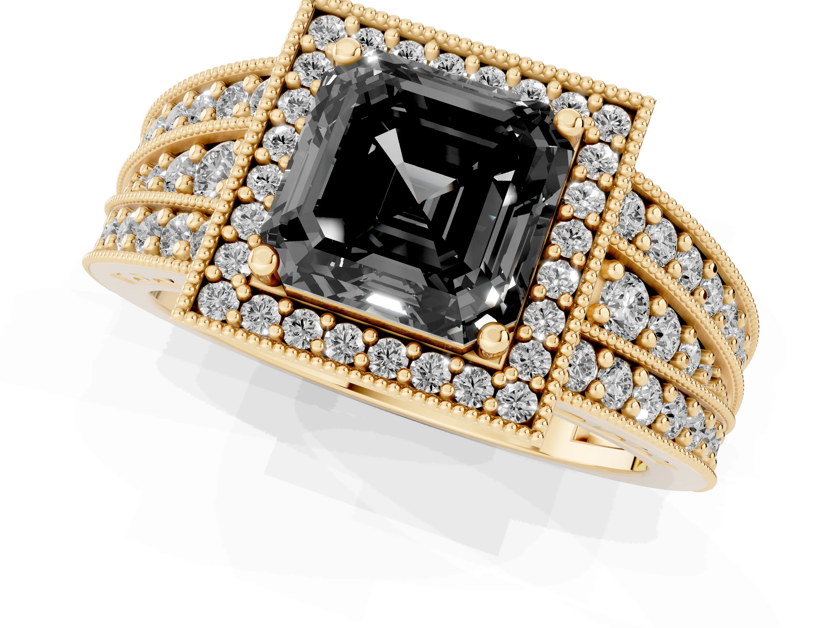 Fancy Black Asscher Cut Diamond Halo Ring Set in Yellow gold with Accent Split Shank and Prong Setting