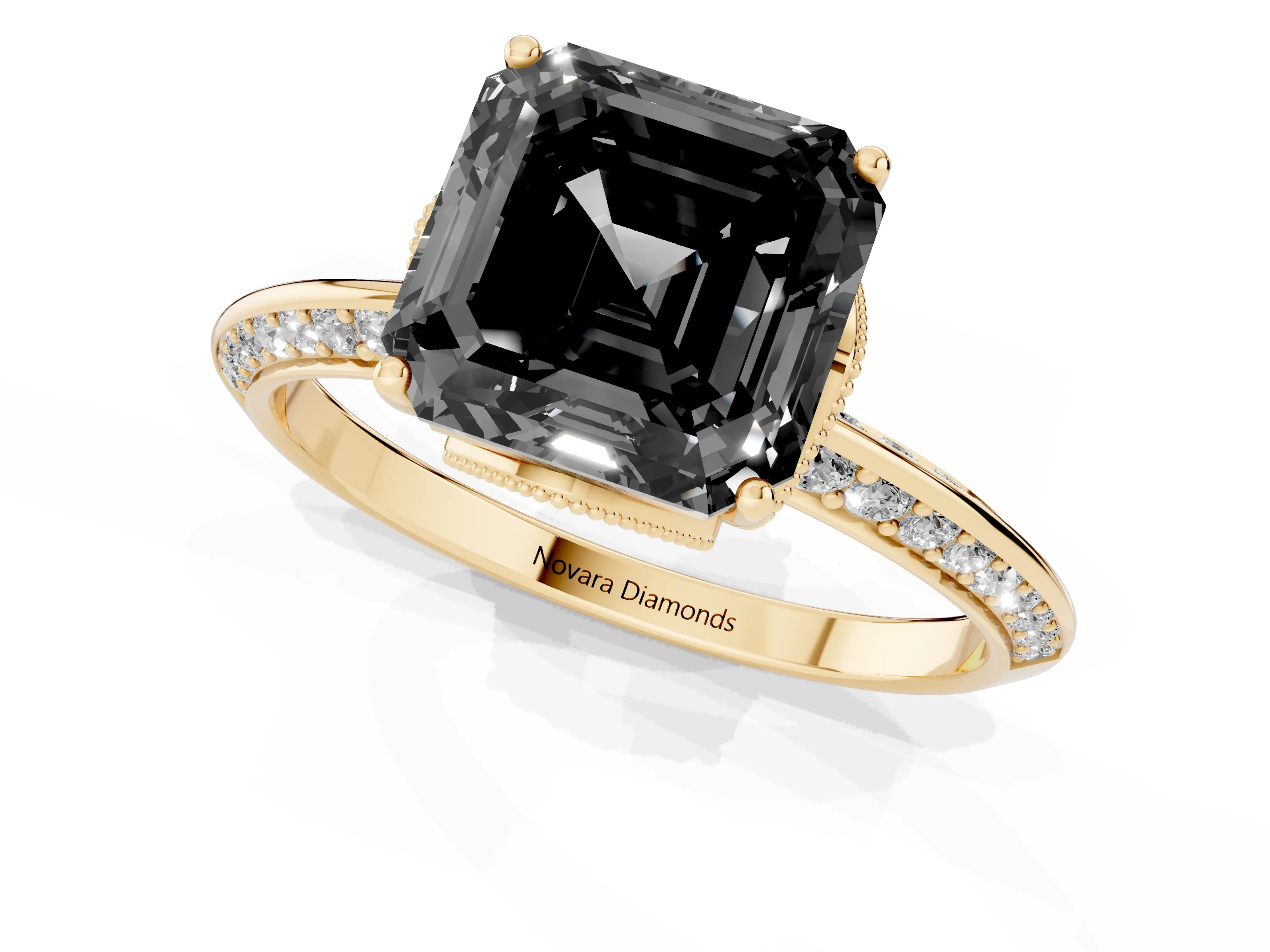 Fancy Black Asscher Cut Diamond Solitaire Engagement Ring Set in Yellow gold with Pavé Split Shank and Prong Setting
