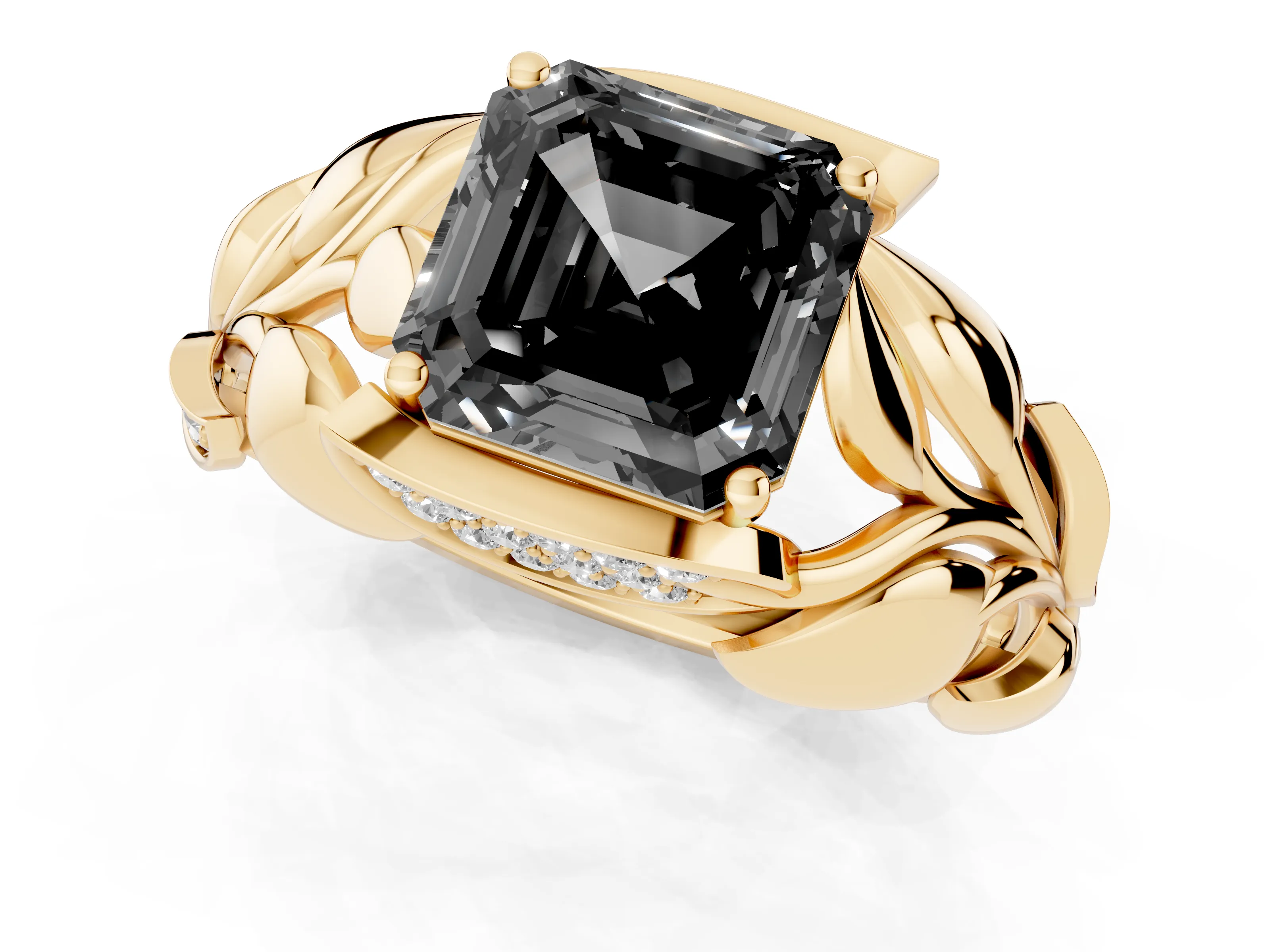 Fancy Black Asscher Cut Diamond Leaf-Inspired Engagement Ring Set in Yellow gold with Round Accents