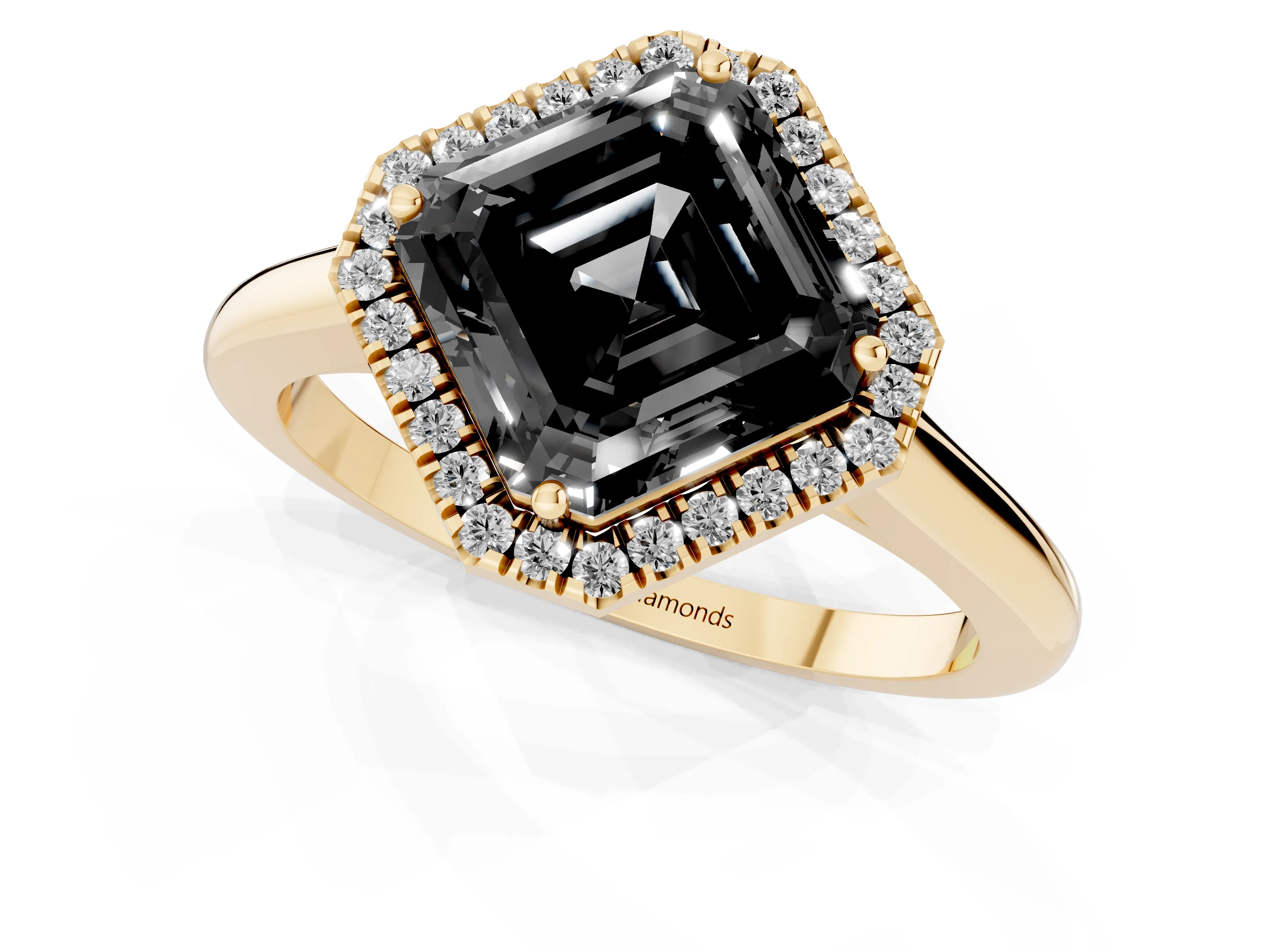 Fancy Black Asscher Cut Diamond Halo Engagement Ring Set in Yellow gold with Pavé Band and Rising Shoulders
