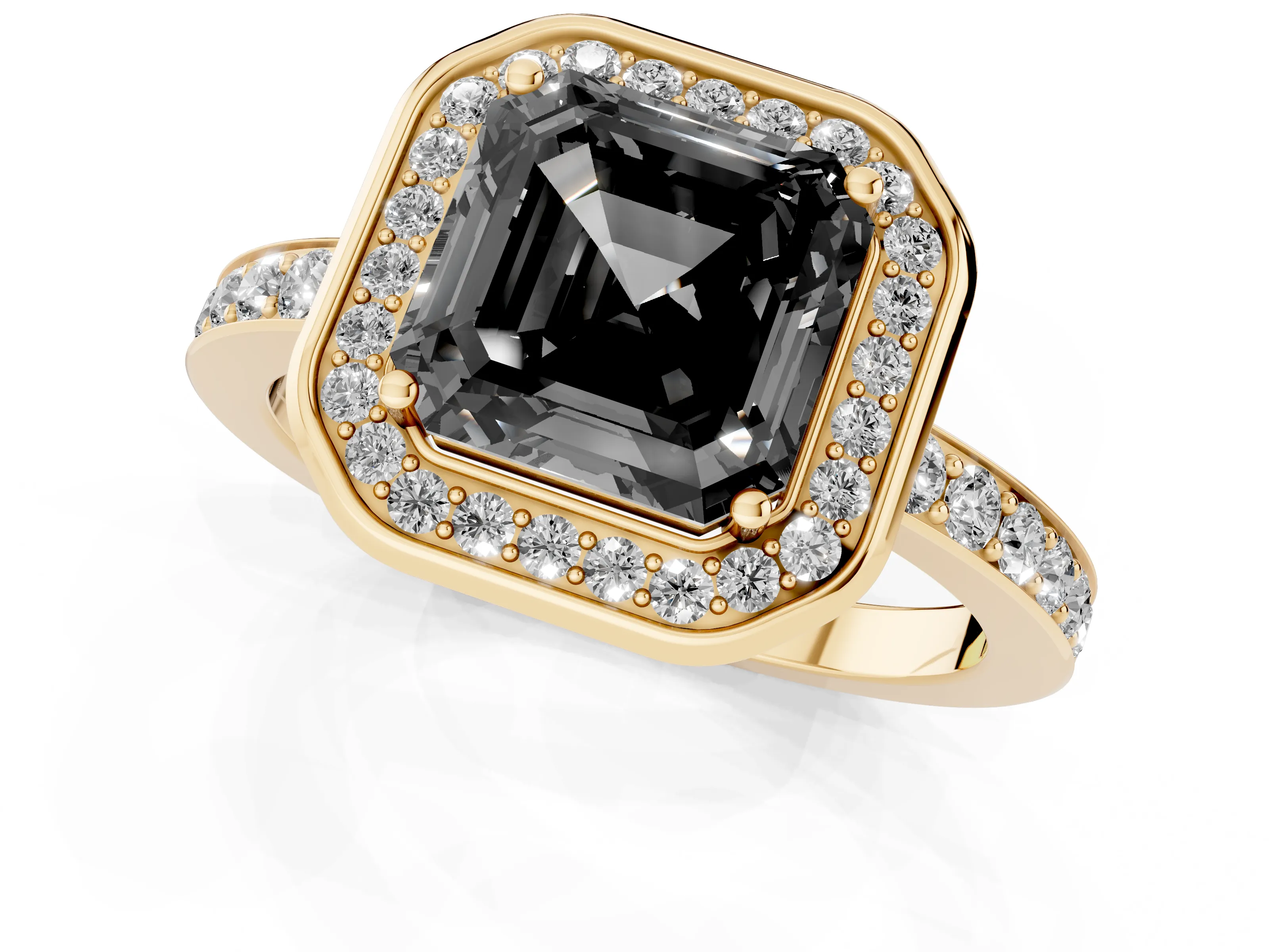 Fancy Black Asscher Cut Diamond Halo Ring Set in Yellow gold with Bezel Frame and Pavé Band