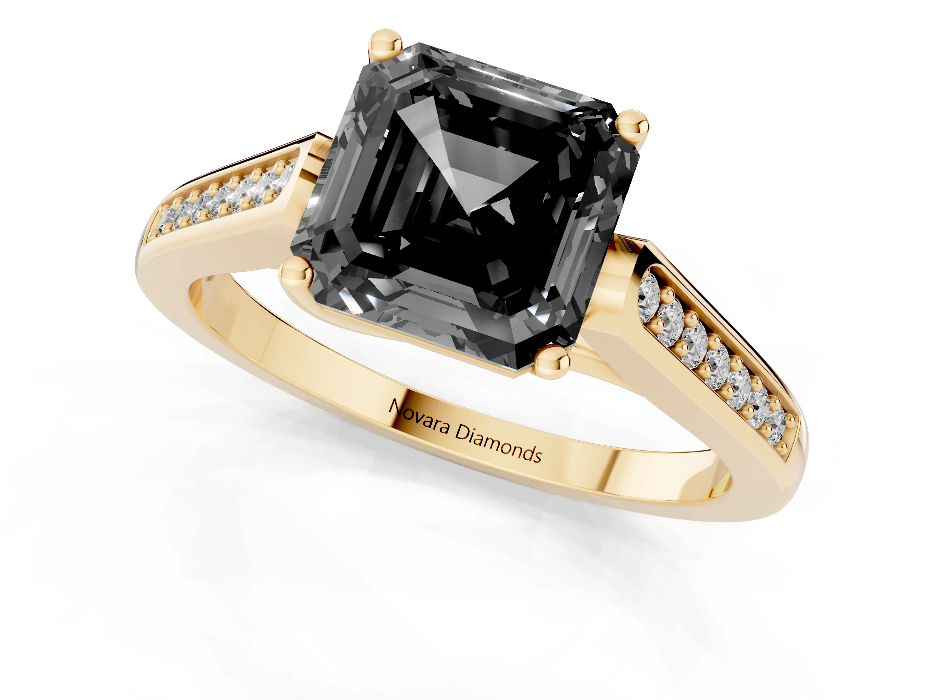 Fancy Black Asscher Cut Diamond Solitaire Cathedral Engagement Ring Set in Yellow gold with Channel-Set Band and Prong Setting