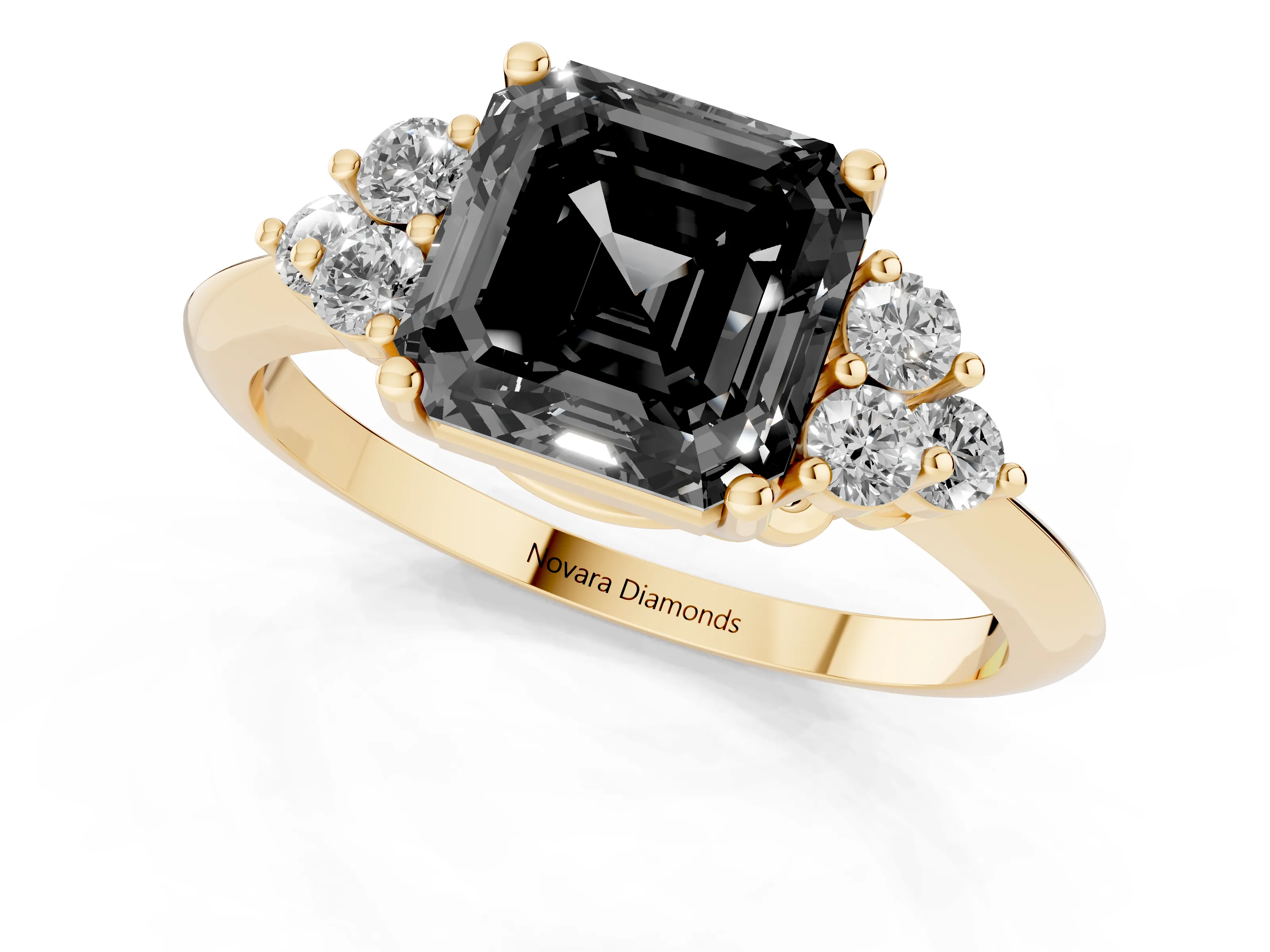Fancy Black Asscher Cut Diamond Cluster Ring Set in Yellow gold with Plain Band and Prong Setting