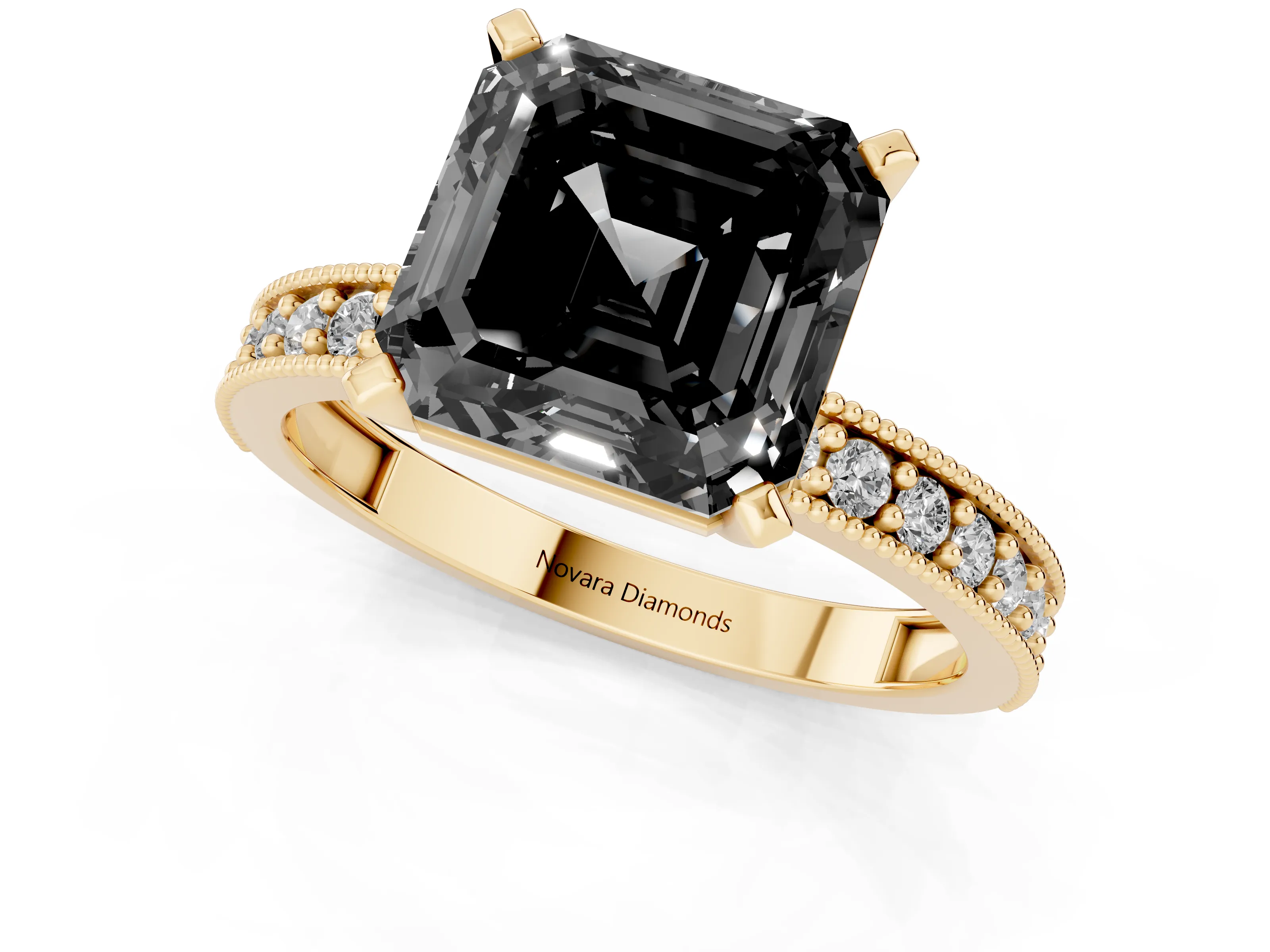 Fancy Black Asscher Cut Diamond Milgrain Pavé Engagement Ring Set in Yellow gold with Prong Setting