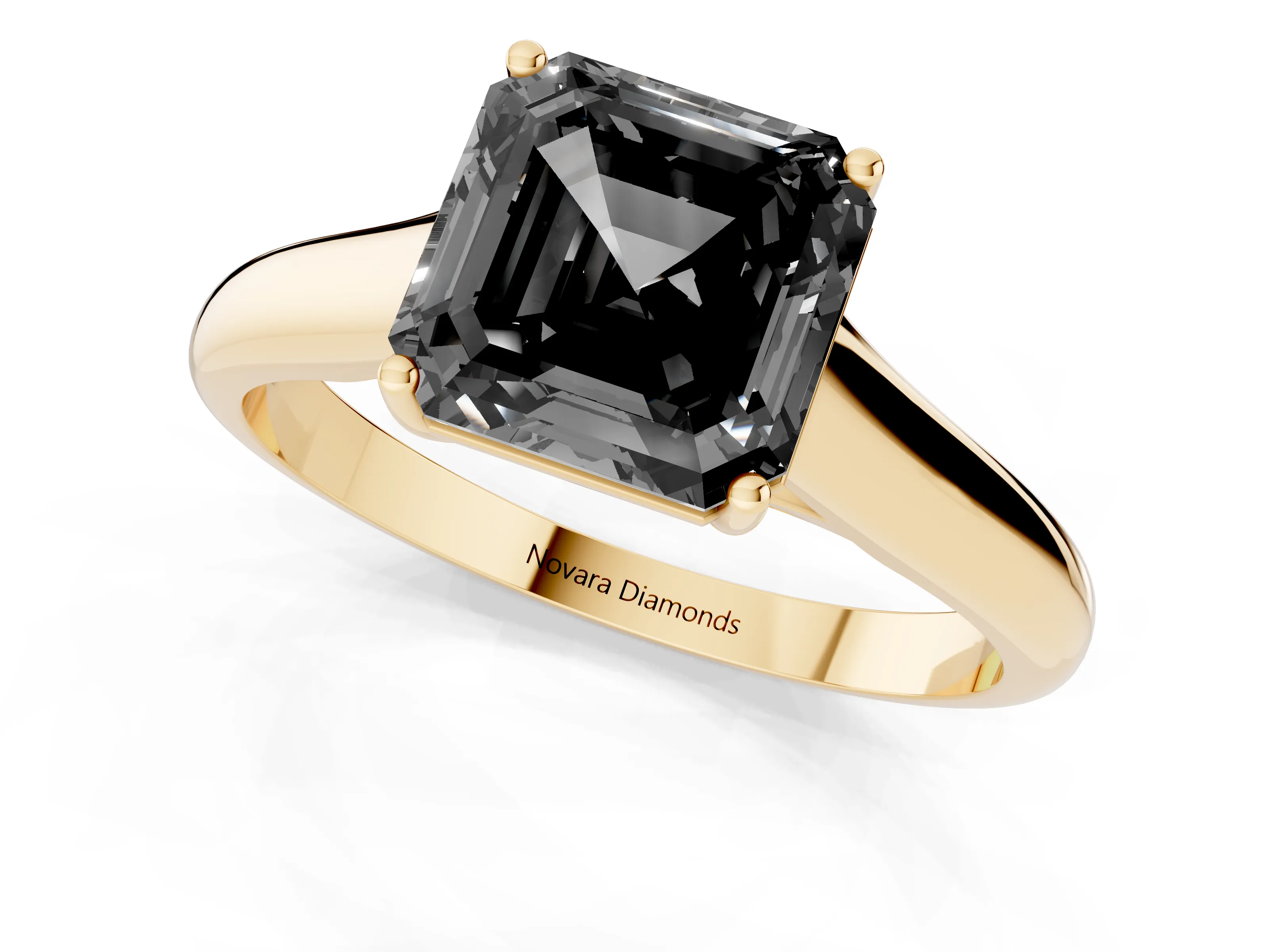 Fancy Black Asscher Cut Diamond Solitaire Engagement Ring Set in Yellow gold with Subtly Tapered Band and Prong Setting