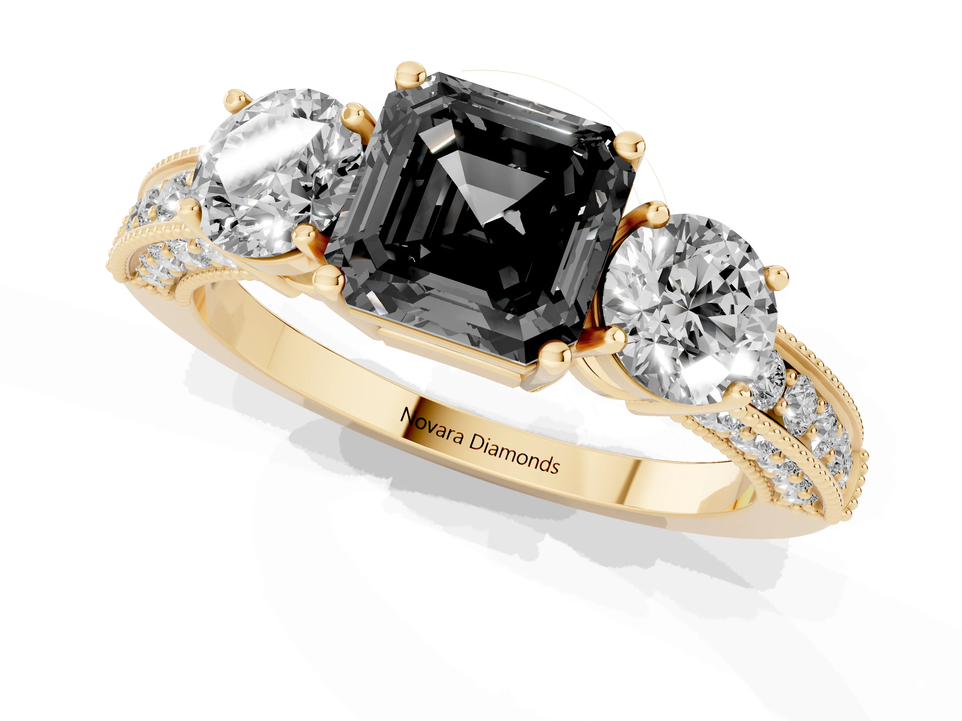Fancy Black Asscher Cut Diamond Three-Stone Ring Set in Yellow gold with Round Side Stones and Pavé Band