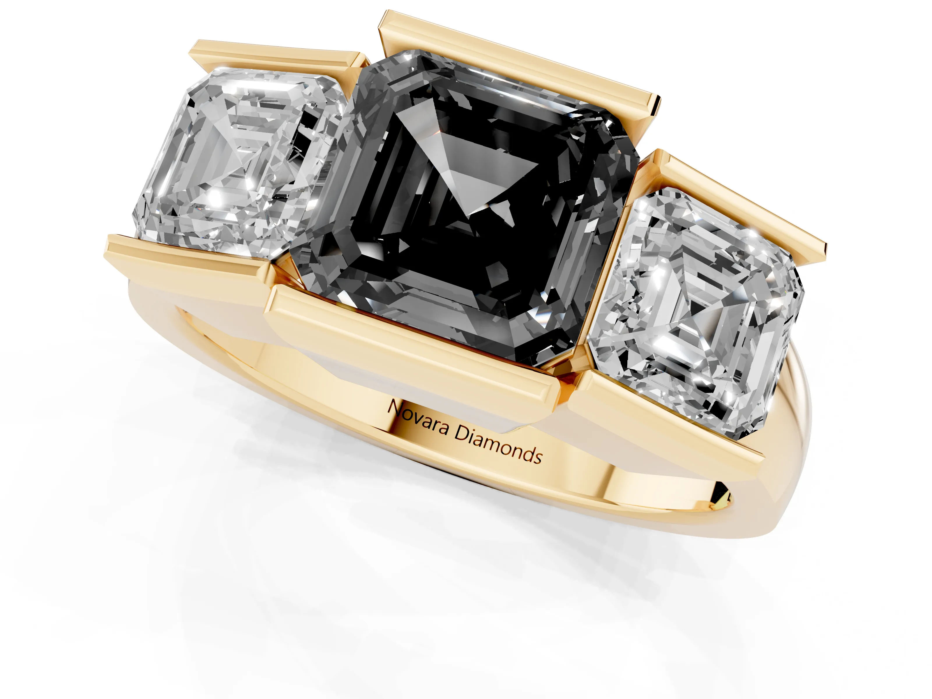 Fancy Black Asscher Cut Diamond Three-Stone Channel Set Ring Set in Yellow gold with Smooth Polished Band